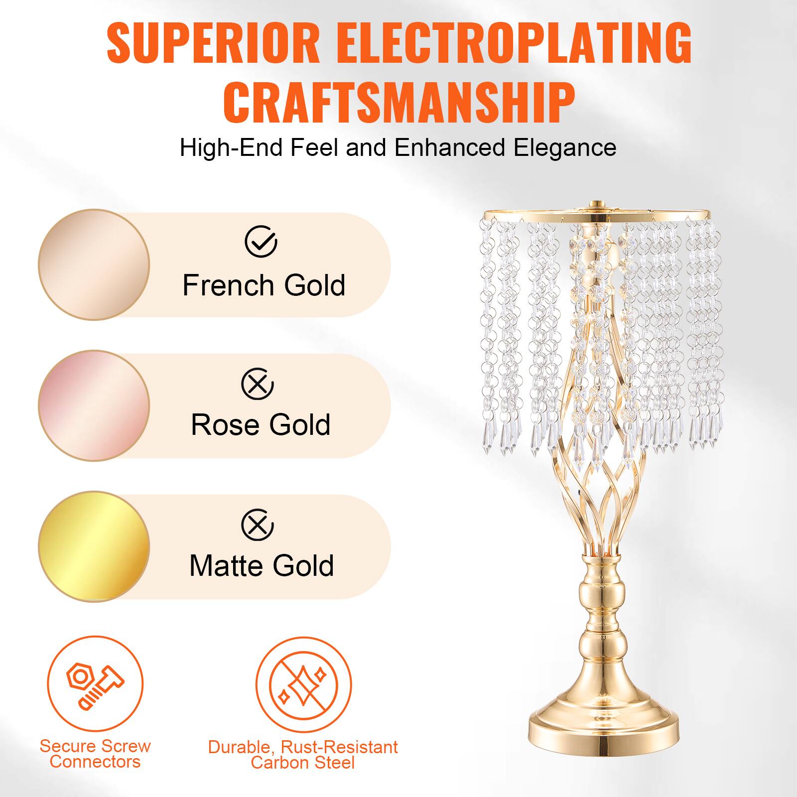 SUPERIOR ELECTROPLATING CRAFTSMANSHIP  
High-End Feel and Enhanced Elegance  

- French Gold  
- Rose Gold  
- Matte Gold  

Secure Screw Connectors  
Durable, Rust-Resistant Carbon Steel