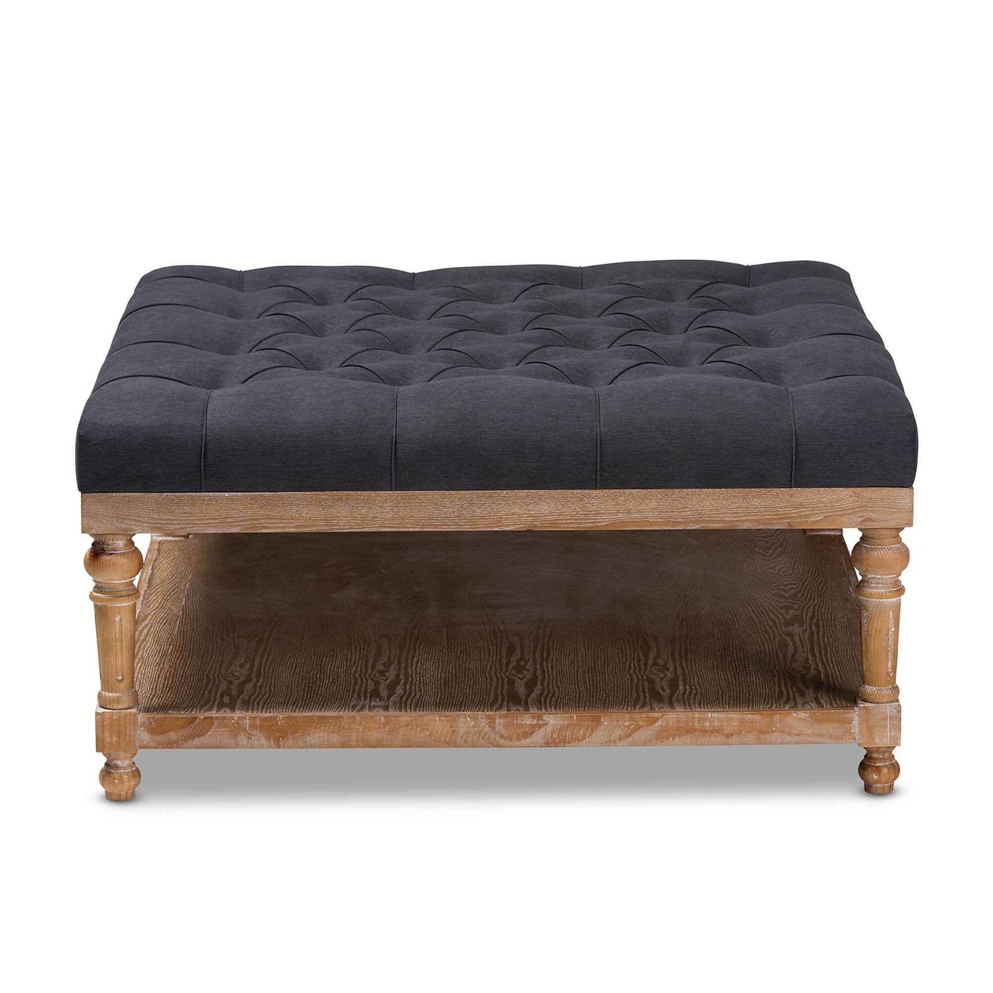 Angle. Baxton Studio - Kelly Modern and Rustic Linen Fabric Upholstered and Greywashed Wood Cocktail Ottoman - Charcoal/Greywashed.