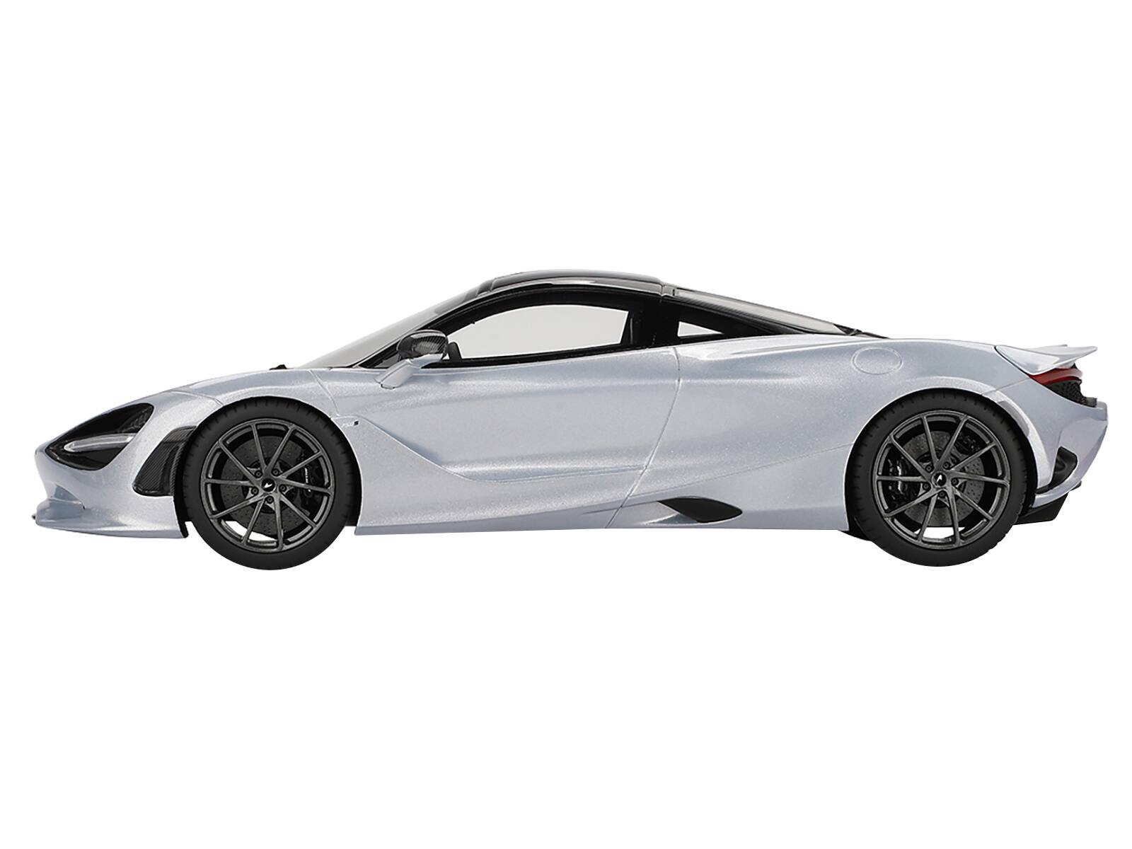 Left. Top Speed - McLaren 750S Ice Silver Metallic with Black Top 1/18 Model Car by Top Speed - Silver Metallic and Black.