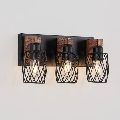 Alt View 2. LUCKY ONE - 18in Wall Mount Sconce, 3-Light Industrial Black Cage Light with Wood Accents for Bathroom - Walnut.