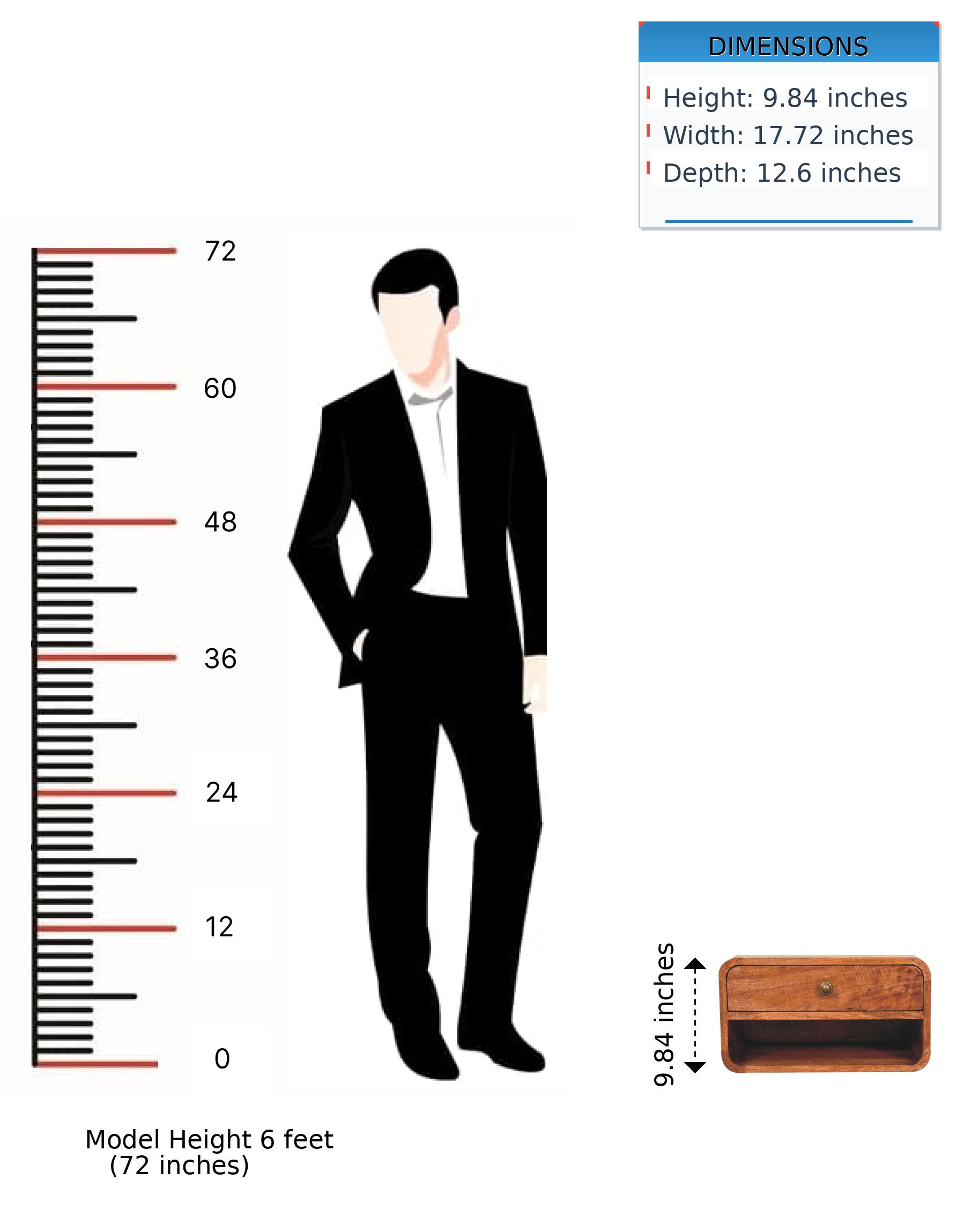 DIMENSIONS  
Height: 9.84 inches  
Width: 17.72 inches  
Depth: 12.6 inches  

Model Height 6 feet (72 inches)