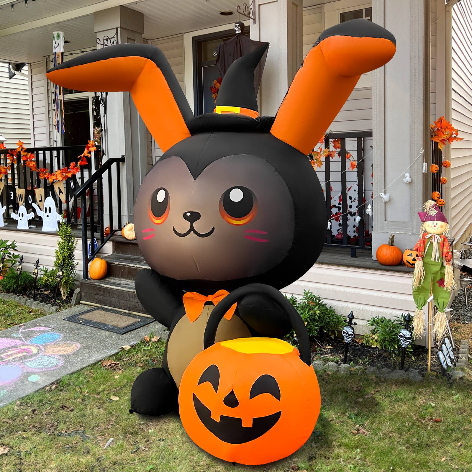 Back. GOOSH Inflatables - GOOSH 5FT Inflatable Halloween Bunny with Pumpkin – Light-Up Yard Decoration - Black.