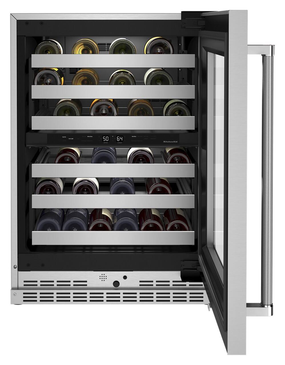 Angle. KitchenAid - 46-Bottle Dual-Zone Wine Cellar with Glass Door and Metal-Front Racks - Stainless Steel.
