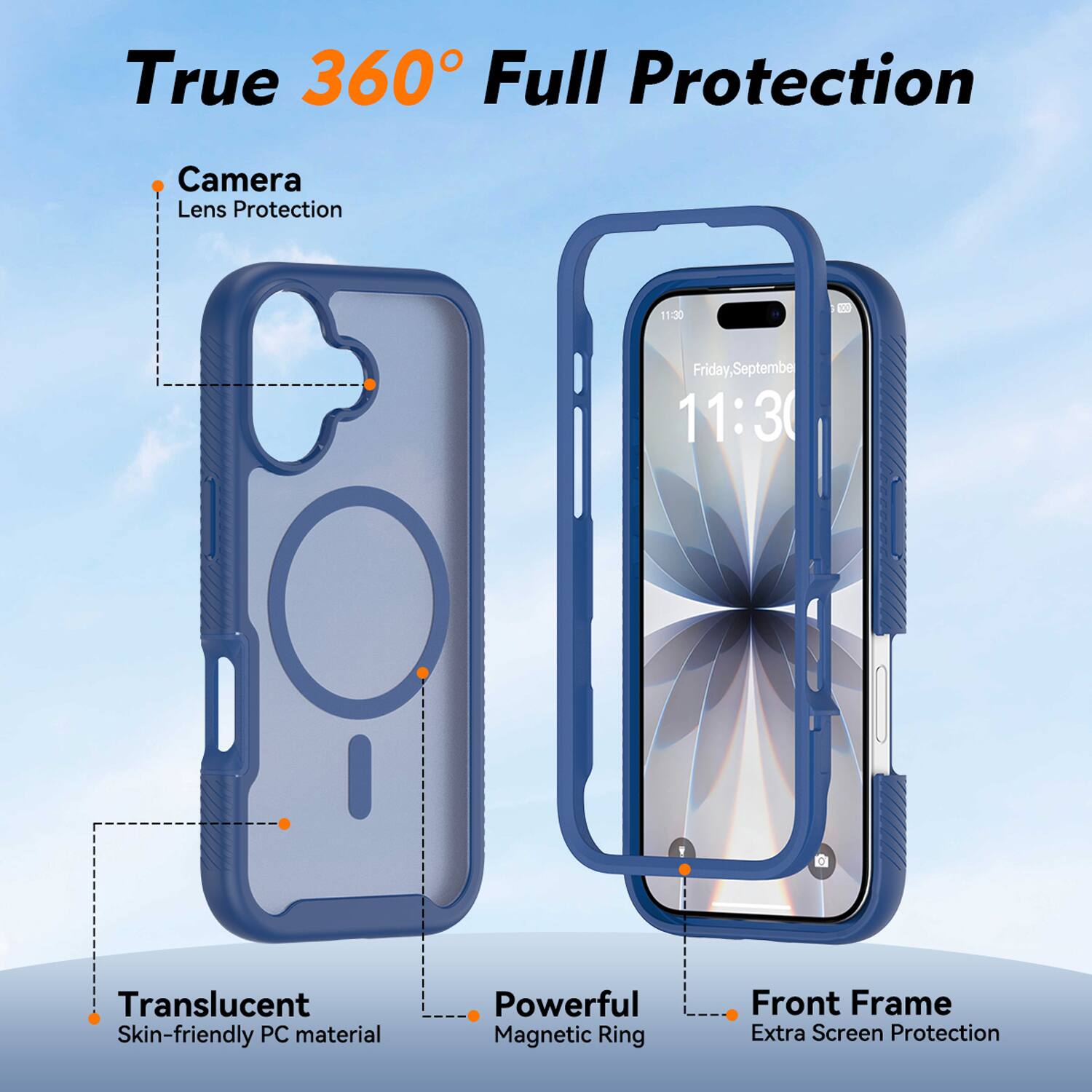 True 360° Full Protection

- Camera Lens Protection
- Translucent Skin-friendly PC material
- Powerful Magnetic Ring
- Front Frame Extra Screen Protection