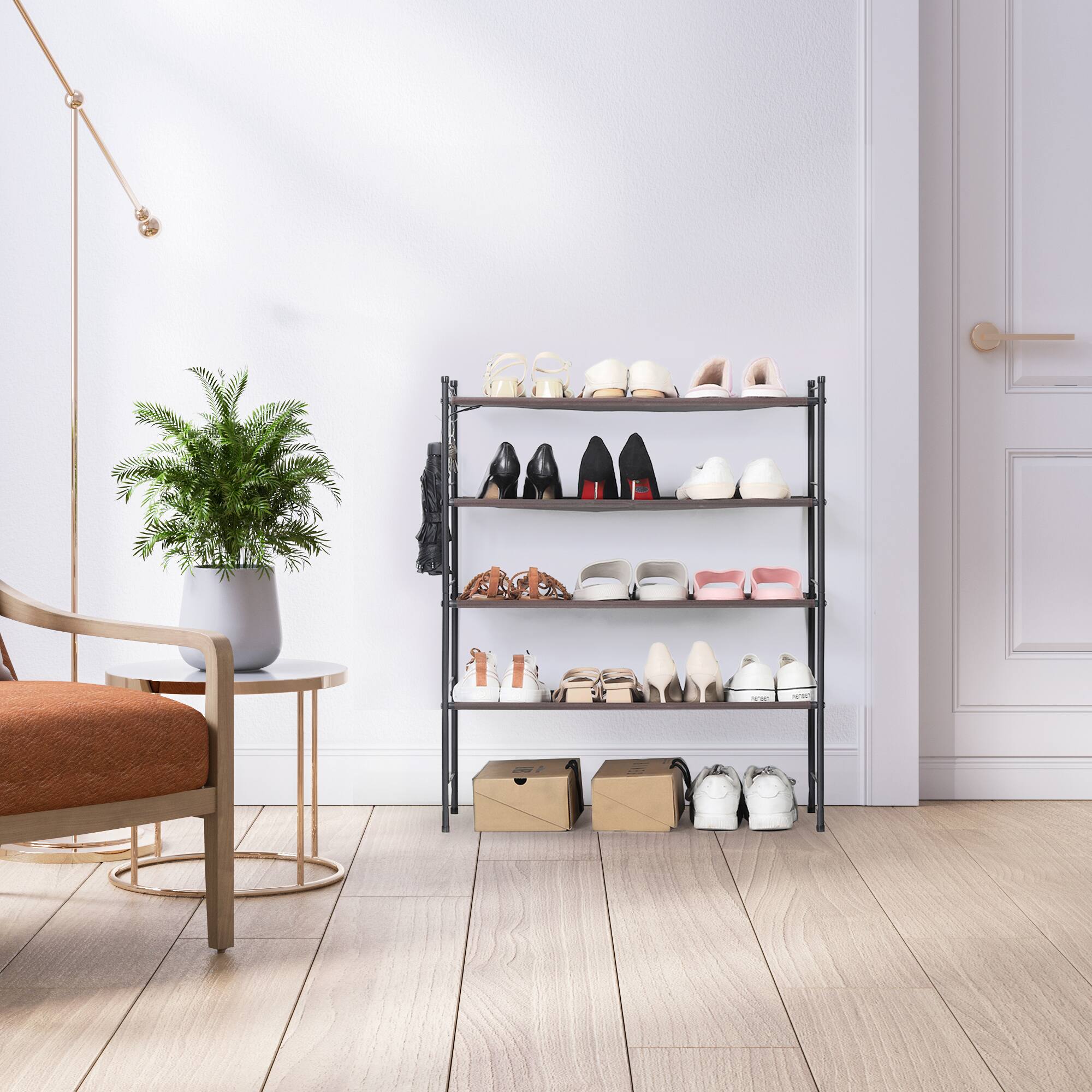 Front. Oumilen - 4-Tier Fabric Shoe Rack with Hooks, Brown - Black.