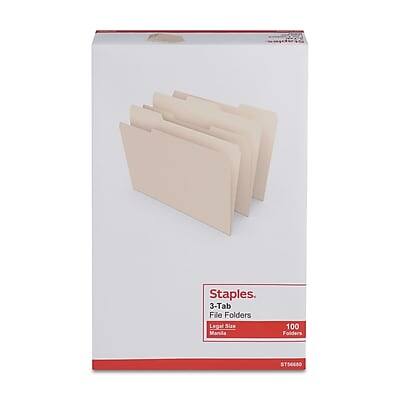 Staples  
3-Tab File Folders  
Legal Size  
100 Folders  
ST56680