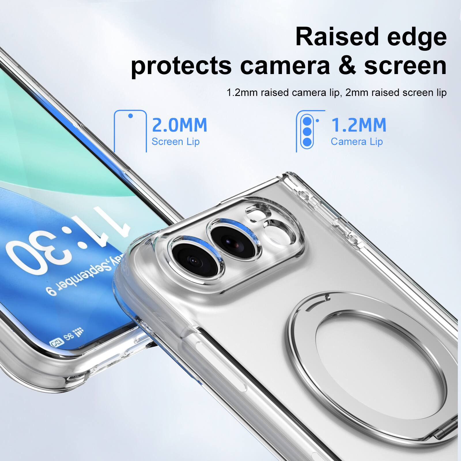 Raised edge protects camera & screen  
1.2mm raised camera lip, 2mm raised screen lip  
2.0MM Screen Lip  
1.2MM Camera Lip