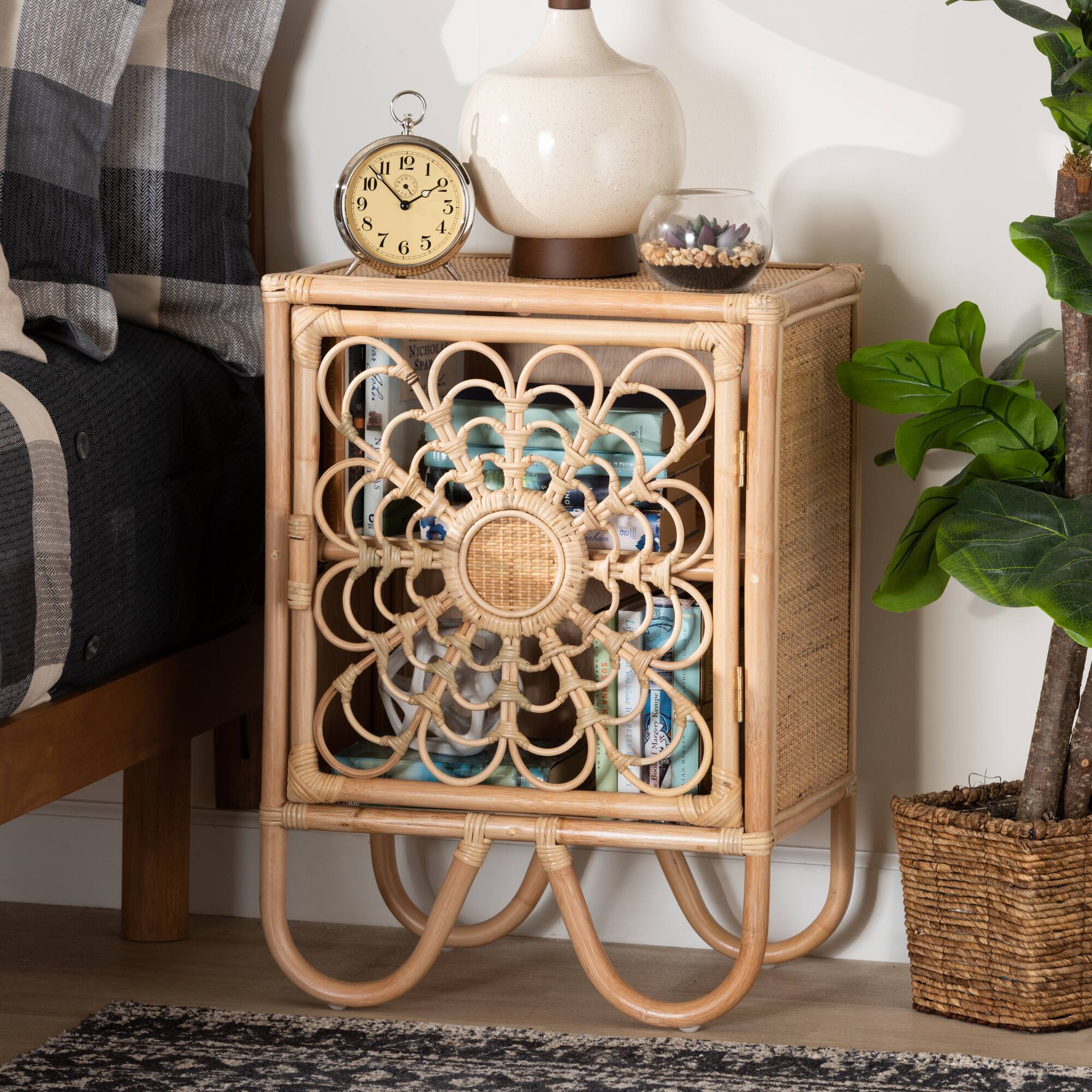 Alt View 4. bali & pari - Acelin Modern Bohemian Rattan Nightstand - Natural Brown.