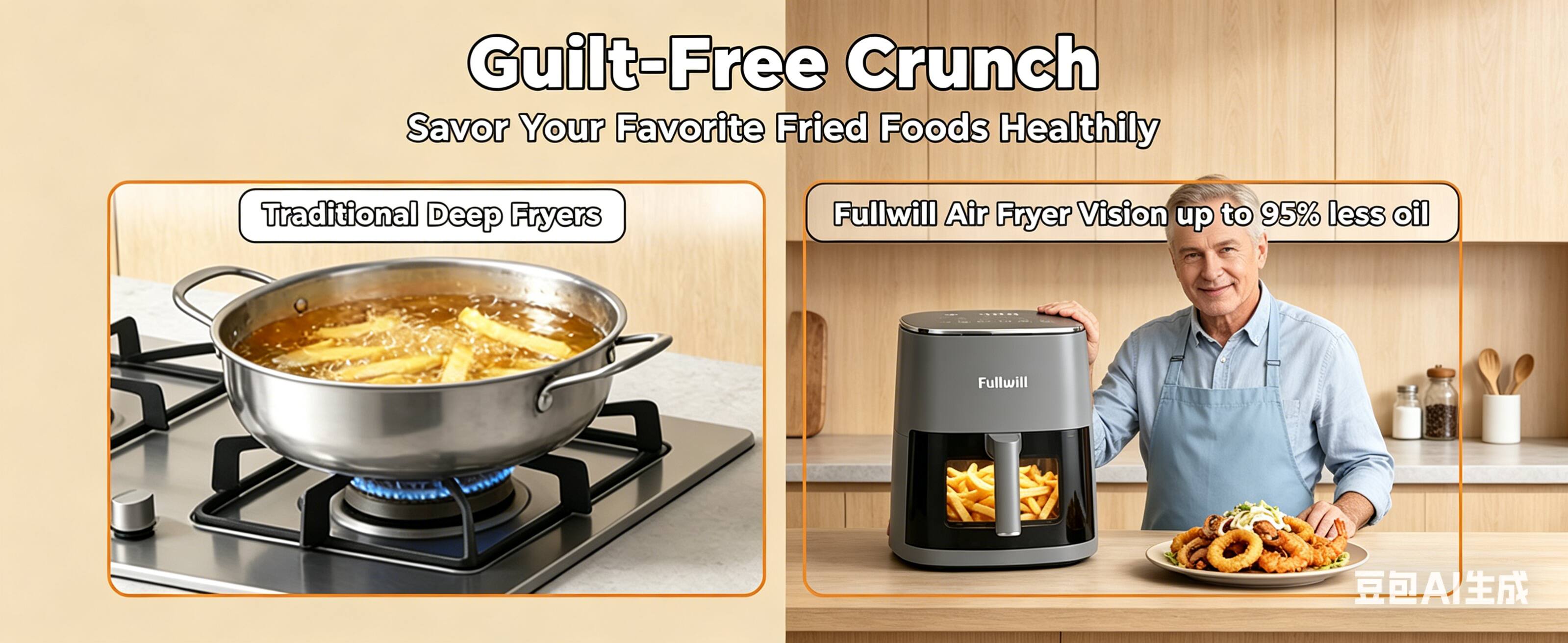 Guilt-Free Crunch  
Savor Your Favorite Fried Foods Healthily  

Traditional Deep Fryers  

Fullwill Air Fryer Vision up to 95% less oil