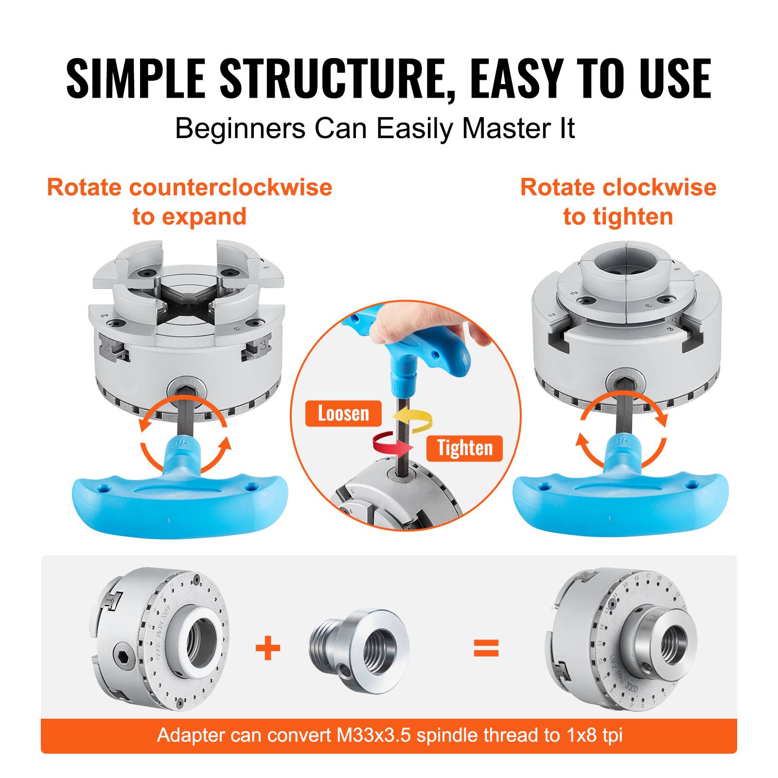SIMPLE STRUCTURE, EASY TO USE  
Beginners Can Easily Master It  

Rotate counterclockwise to expand  
Rotate clockwise to tighten  

Loosen  
Tighten  

Adapter can convert M33x3.5 spindle thread to 1x8 tpi