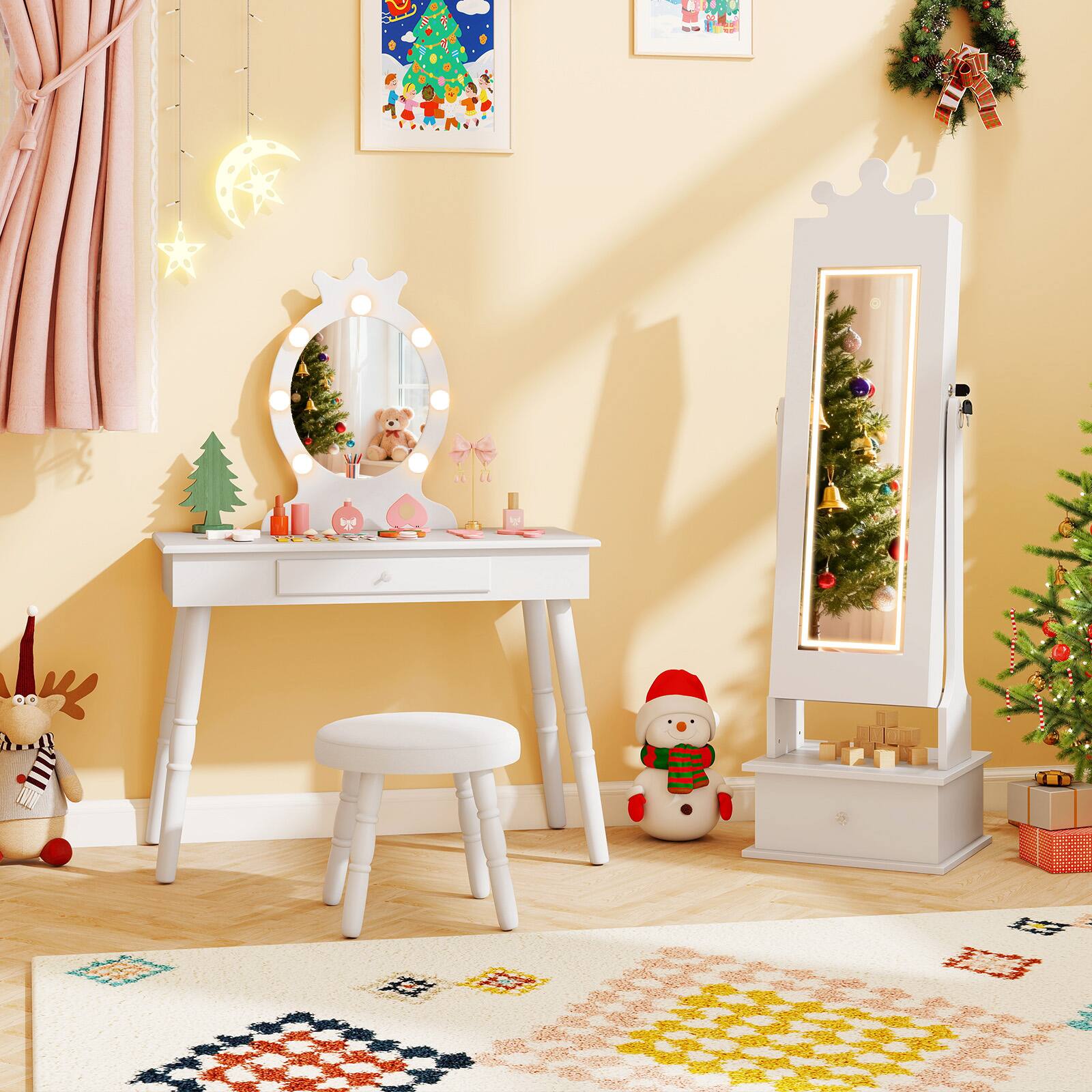 Alt View 3. Gymax - Gymax Kids Jewelry Armoire w/3-Color Lighted Full Length Mirror & Inside Led Lights White - White.