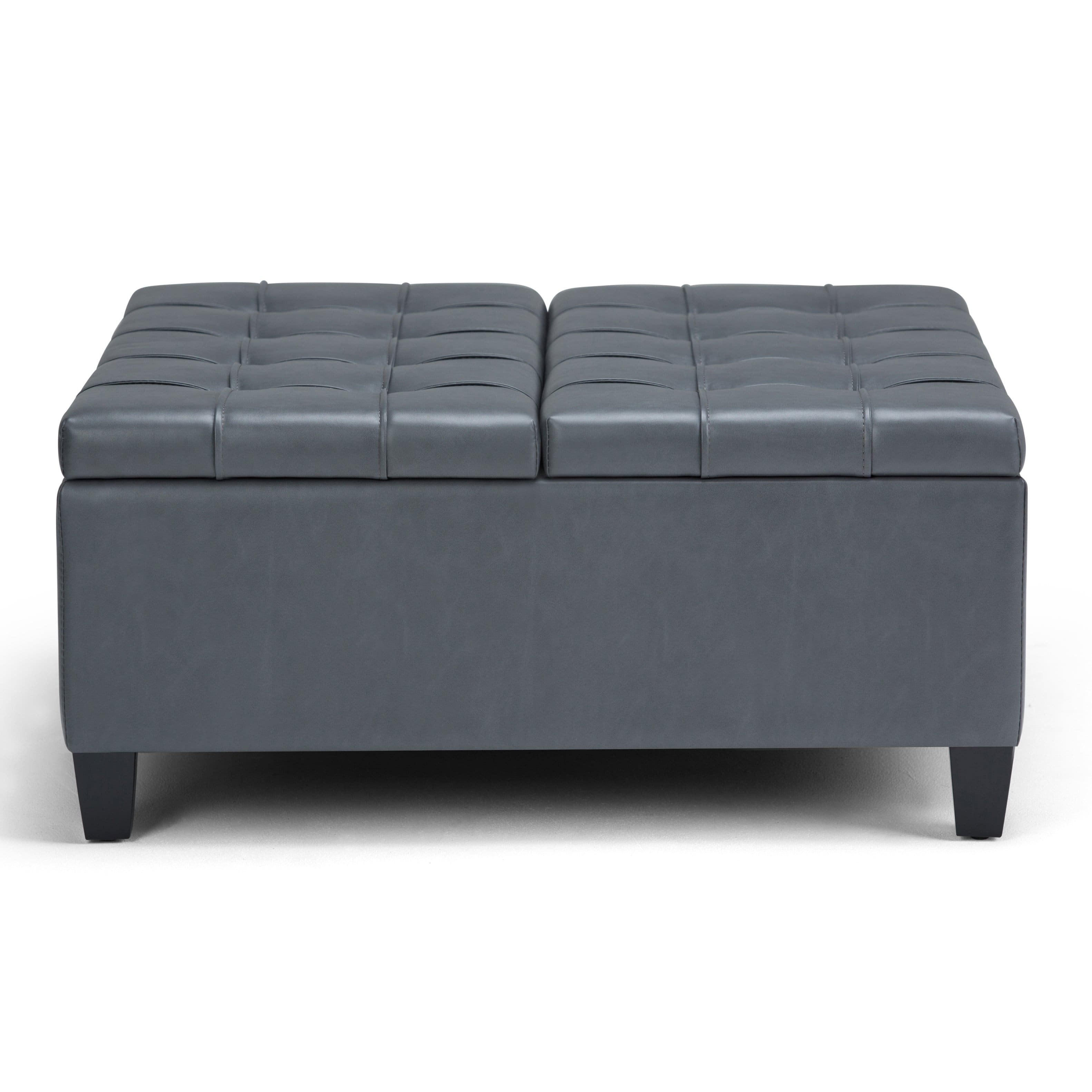 Front. Simpli Home - Harrison 36 inch Wide Transitional Square Coffee Table Storage Ottoman in Stone Grey Faux Leather - Stone Gray.
