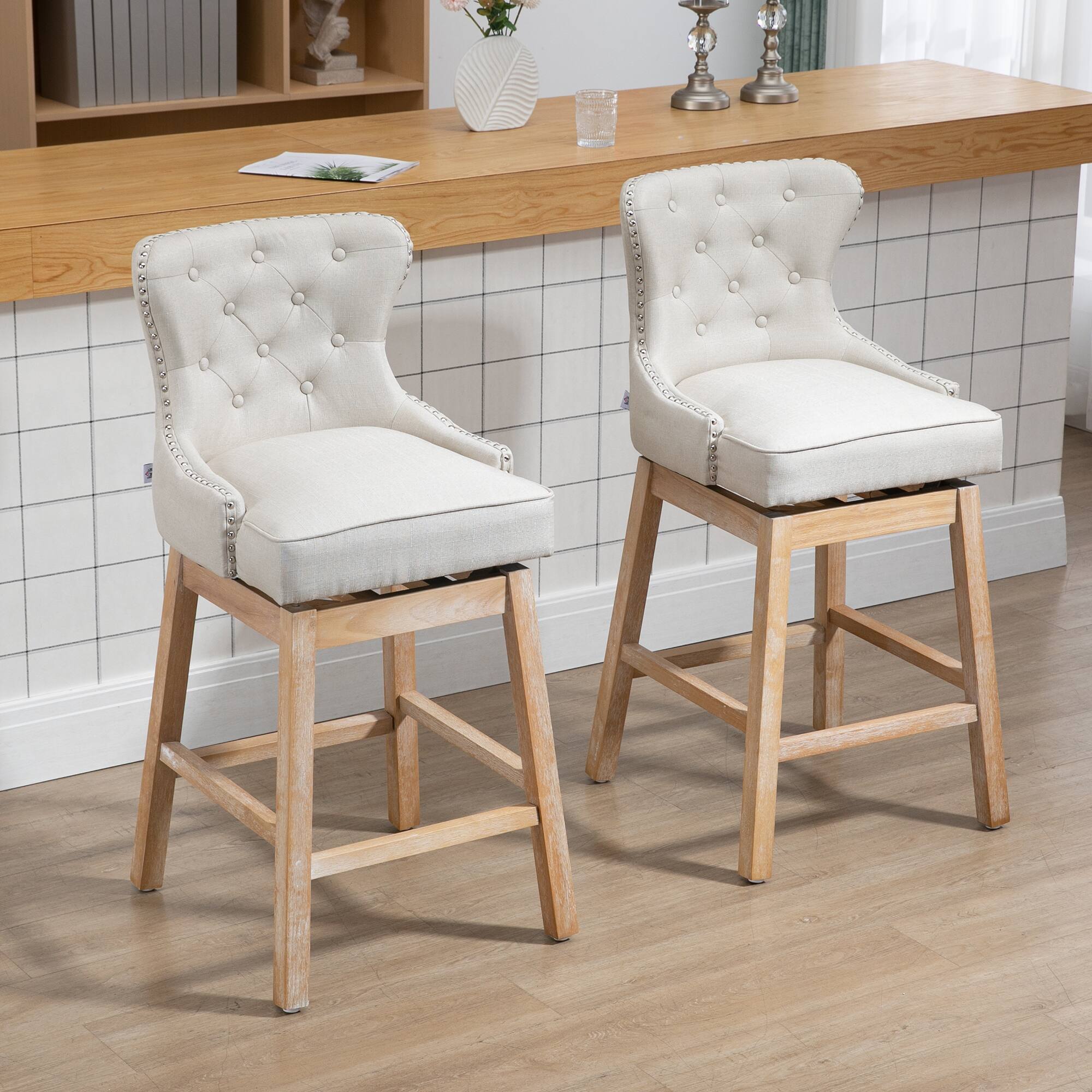 Alt View 1. Homcom - Memory Swivel Bar Stools Set of 2, Upholstered Fabric Bar Height Stools (30"H) with Tufted Back, Nailhead-Trim - white.