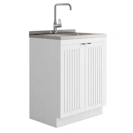 Front. Simpli Home - Murphy All-In-One 28-inch Laundry Utility Sink and Cabinet - Pure White.