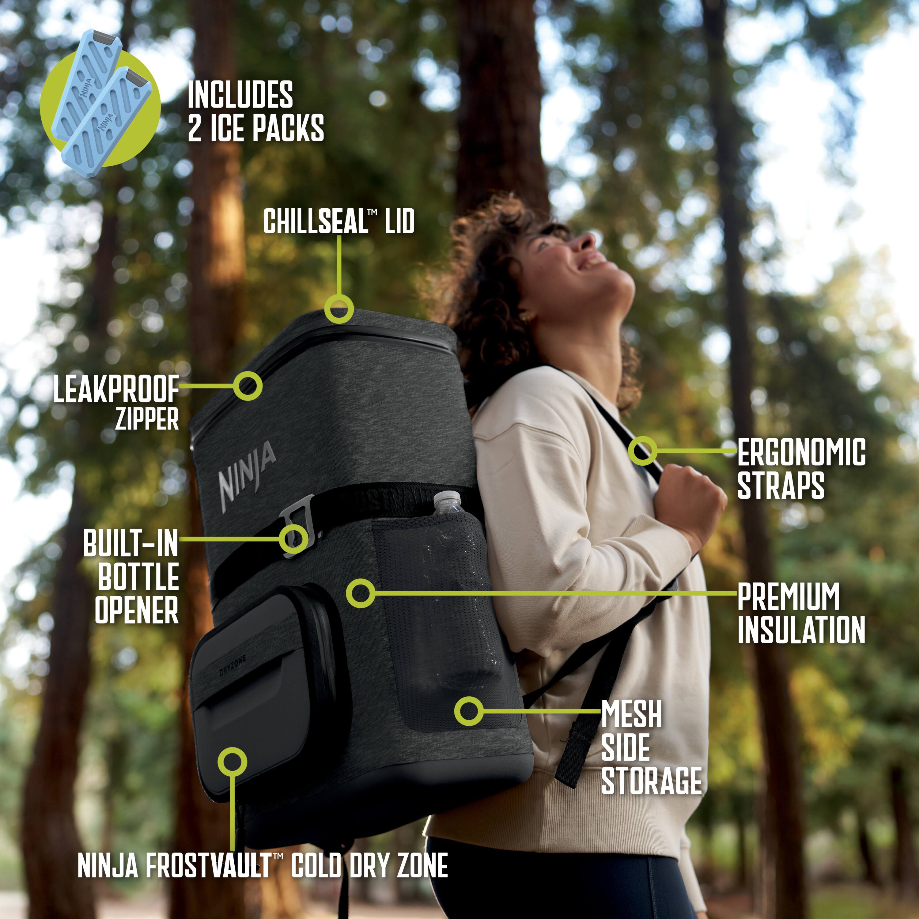 INCLUDES 2 ICE PACKS  
CHILLSEAL™ LID  
LEAKPROOF ZIPPER  
BUILT-IN BOTTLE OPENER  
ERGONOMIC STRAPS  
PREMIUM INSULATION  
MESH SIDE STORAGE  
NINJA FROSTVAULT™ COLD DRY ZONE