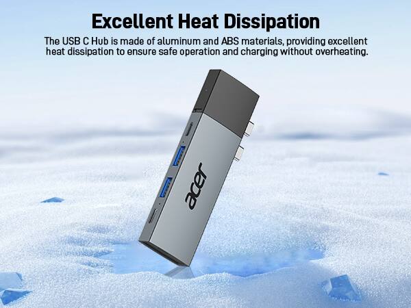 Excellent Heat Dissipation

The USB C Hub is made of aluminum and ABS materials, providing excellent heat dissipation to ensure safe operation and charging without overheating.