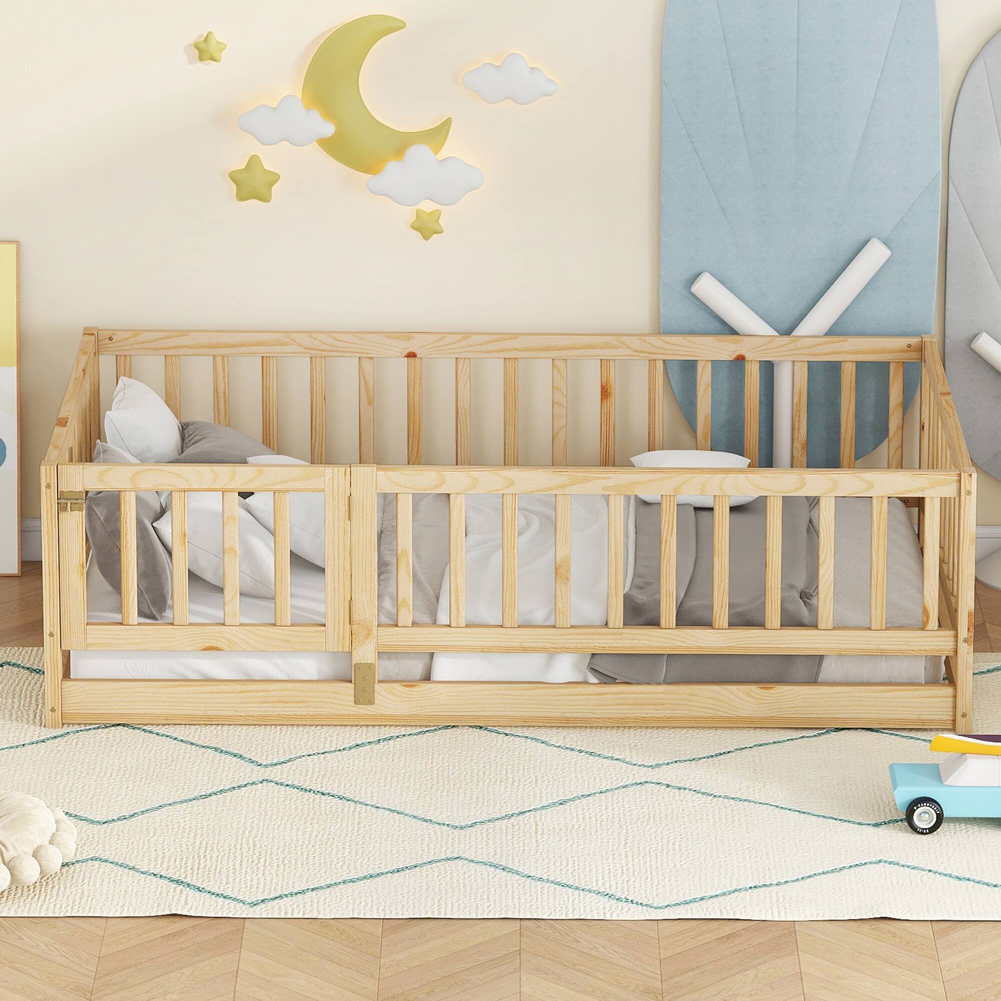 Angle. GOODSILO - Twin Size Montessori Floor Bed with Fence and Door, Wood Bed Frame for Kids, Boys & Girls - Oak.