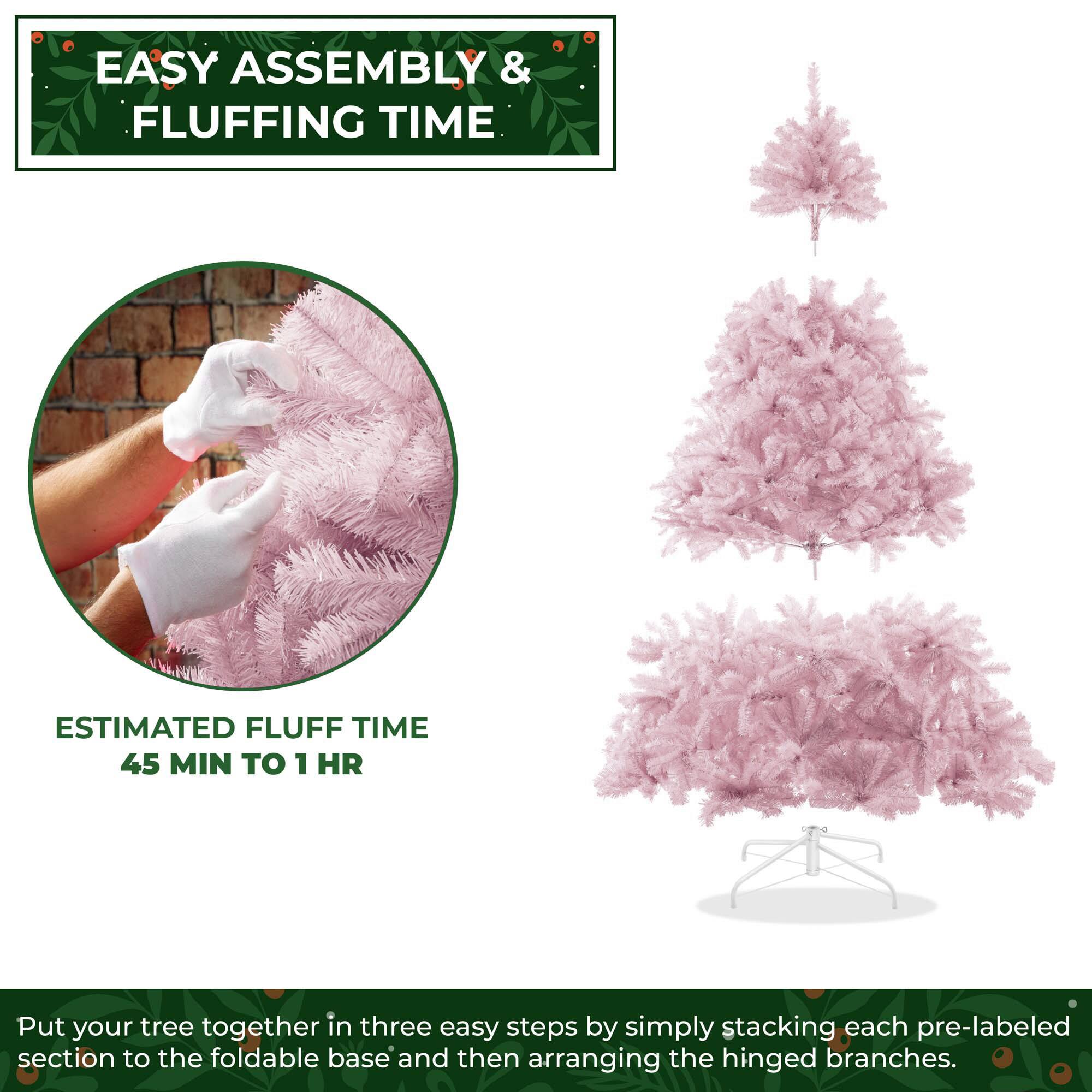 EASY ASSEMBLY & FLUFFING TIME

ESTIMATED FLUFF TIME
45 MIN TO 1 HR

Put your tree together in three easy steps by simply stacking each pre-labeled section to the foldable base and then arranging the hinged branches.