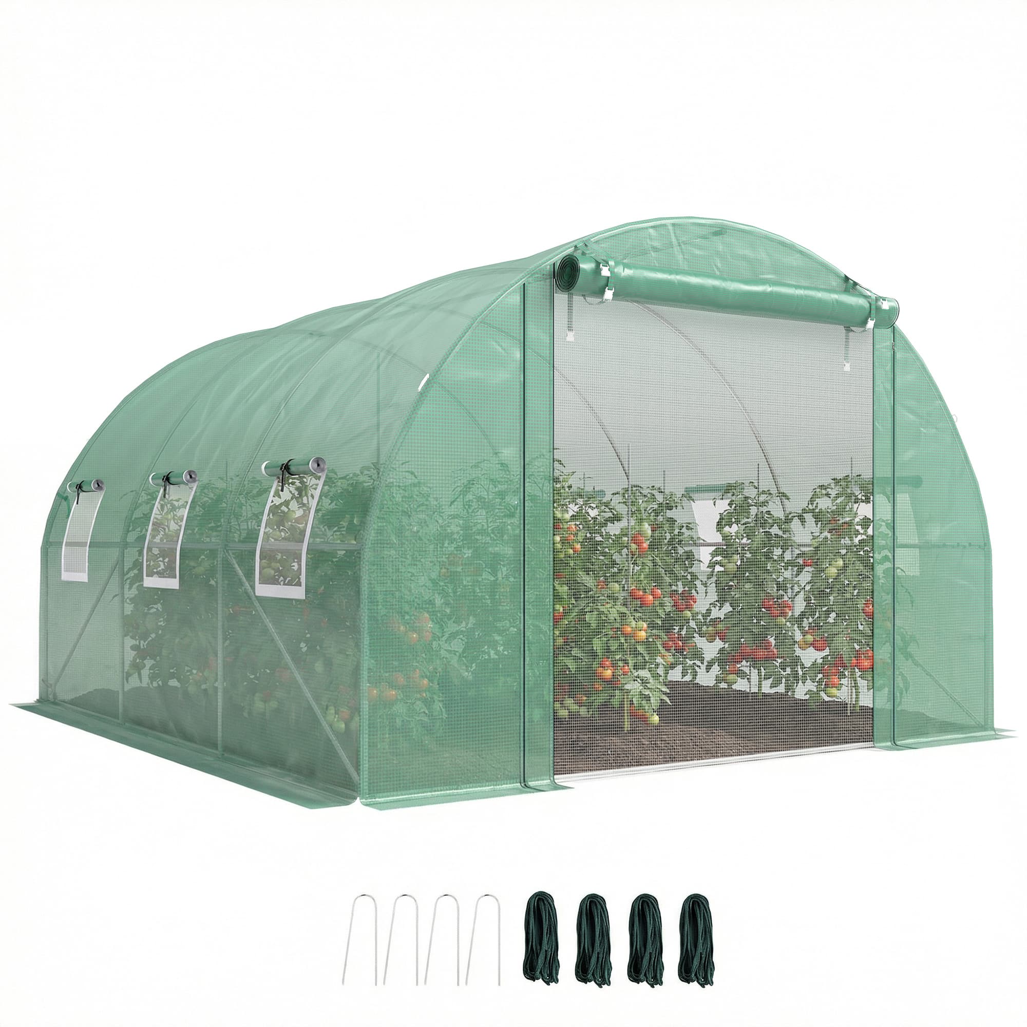 Outsunny - Walk-in Tunnel Greenhouse with Shelves, Mesh Door and Windows - Green