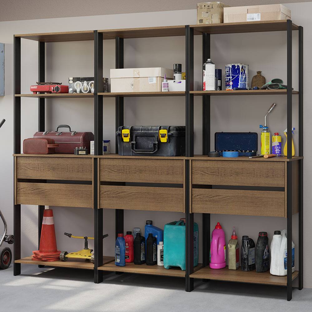 Front. Madesa - Madesa Garage Storage Rack with 6 Drawers and Open Shelves 82"L Multiuse Organization Cabinet for Tools - Brown/Black - Brown/Black.