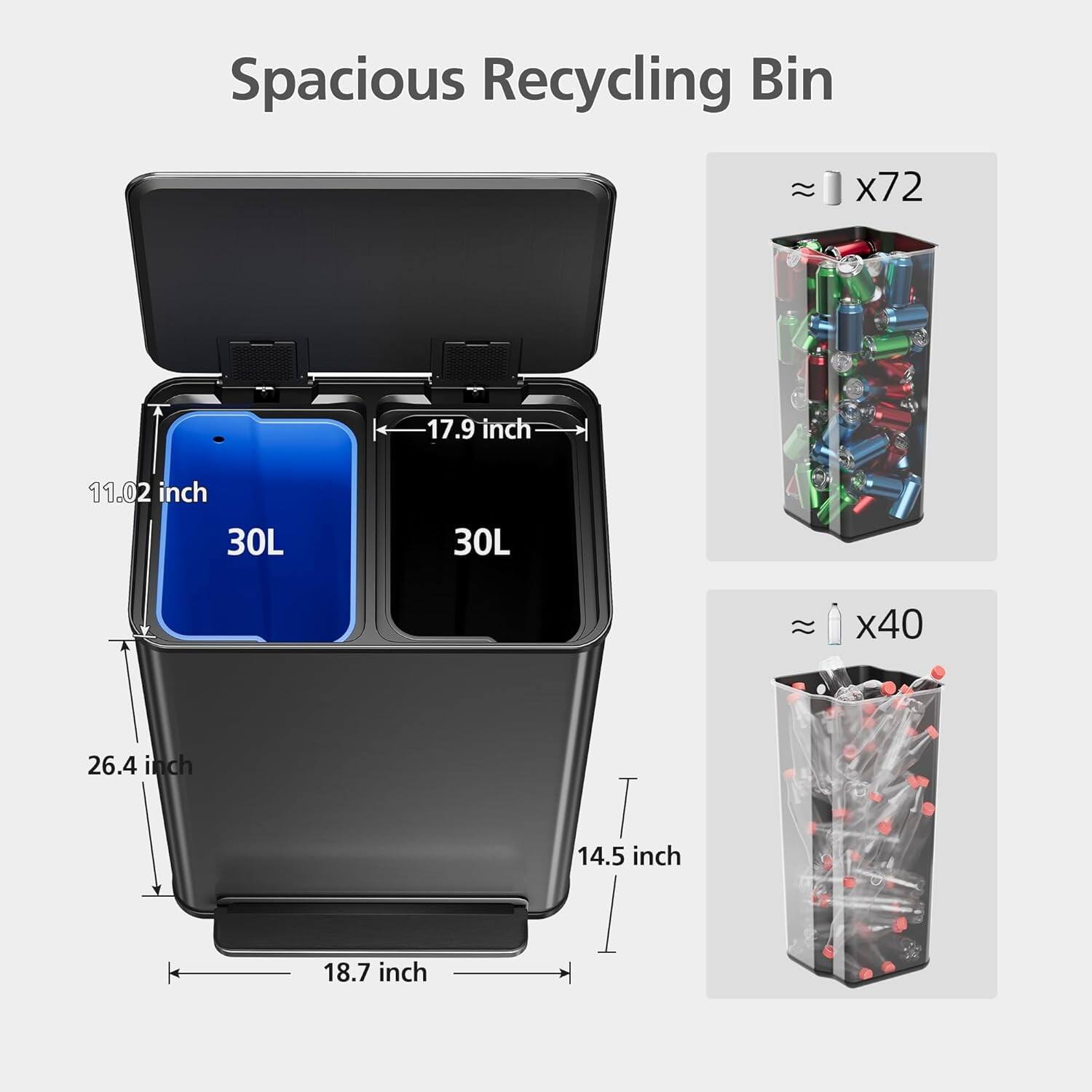 Spacious Recycling Bin

- 17.9 inch
- 11.02 inch
- 30L
- 30L
- 26.4 inch
- 14.5 inch
- 18.7 inch

≈ x72
≈ x40