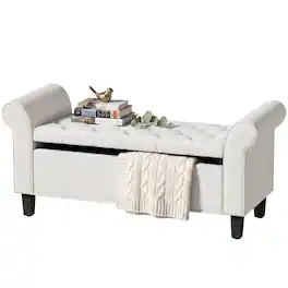 Homcom - Storage Ottoman Bench, Tufted End of Bed Bench with Rolled Arms, Safety Hinge, Wood Legs for Bedroom - Cream White