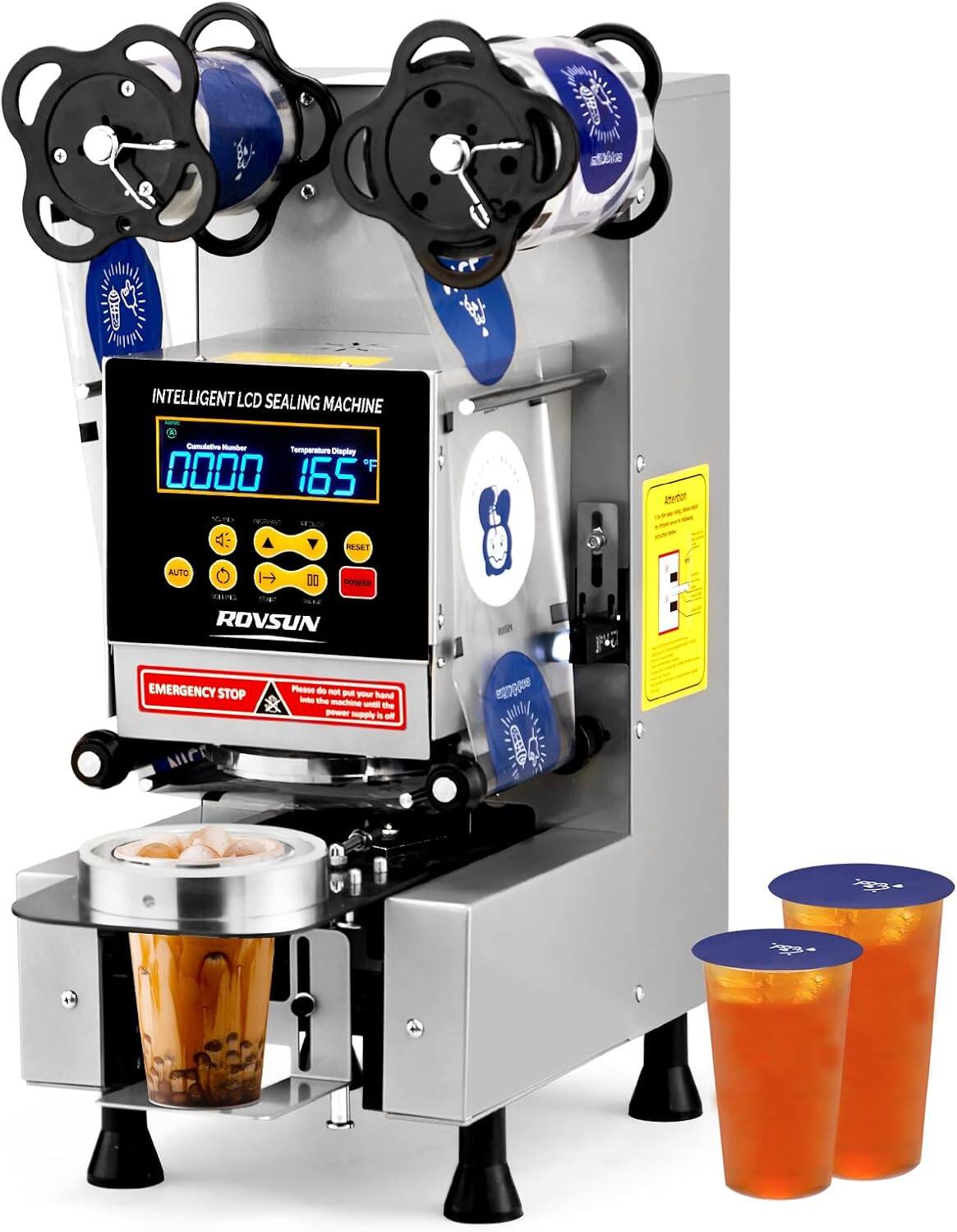 CLEP aldcha INTELLIGENT LCD SEALING MACHINE  
0 Comulative Number  
Temperature Display 0000 F 165  
TAY  
A RESAT at AUTO  
00 POWER  
7 me SE ROVSUN  
EMERGENCY STOP  
Please do not put your hand into the machine when the power supply is off