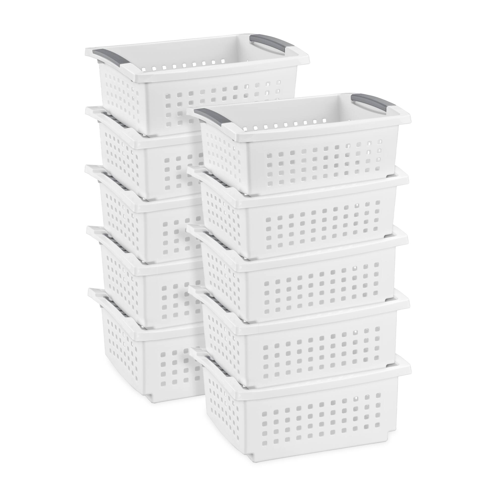 Sterilite - Medium Plastic Stackable Storage Organizer Basket Bin, (10 Pack) - White
