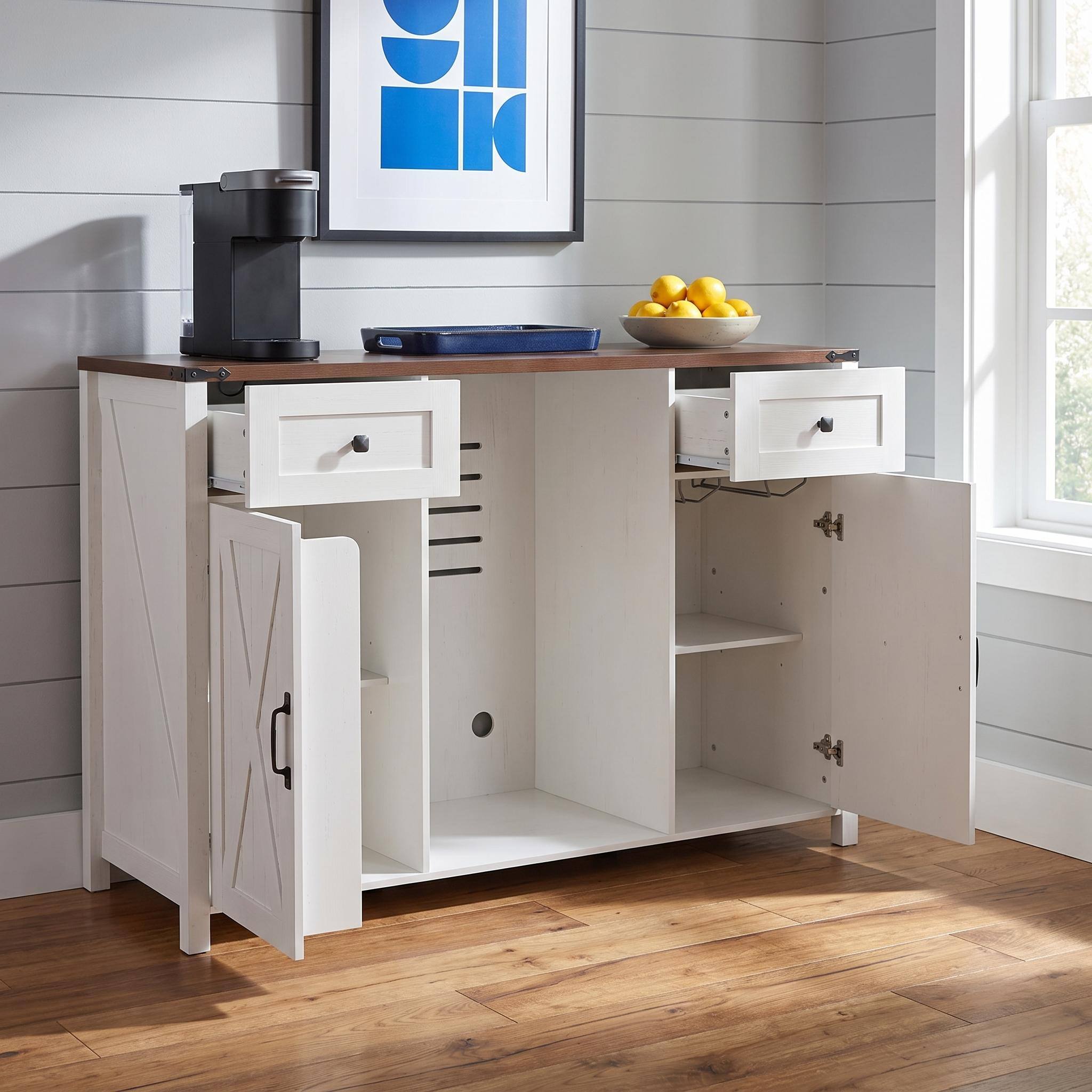 Angle. Forest'nSky - 53.2" Fridge Cabinet Bar Cabinet with Power Outlet, 2 Doors and 2 Drawers in White - White.