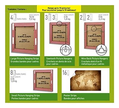 **Contains / Contenu :**

- **4** Large Picture Hanging Strips  
  Grandes bandes pour cadres  
  46 cm x 71 cm  
  7.2 kg

- **3** Sawtooth Picture Hangers  
  Crochets en dents de scie pour cadres  
  26 cm x 13 cm  
  1.8 kg

- **2** Wire Back Picture Hangers  
  Crochets dot d'un fil métallique pour cadres  
  29 cm x 35 cm  
  2.2 kg

- **8** Small Picture Hanging Strips  
  Petites bandes pour cadres  
  11 in x 10 in  
  1.8 kg

- **16** Poster Strips  
  Bandes pour affiches  
  20 cm x 4 cm  
  11 in x 4 in