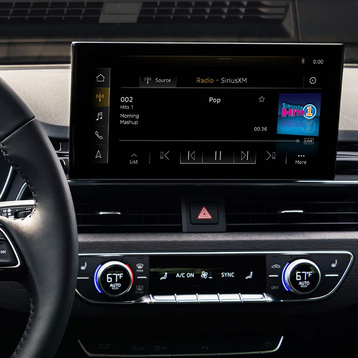 The text on the image reads: "0:00 Source Radio SiriusXM (cos) 002 Hits 1 Morning Mashup Pop 00:36 SIRIUSXM Hits 1 Hits Live List I K II DI I More H LD DP 6TF AUTO MAX A/C ON SYNC OFF 67F AUTO DFF."