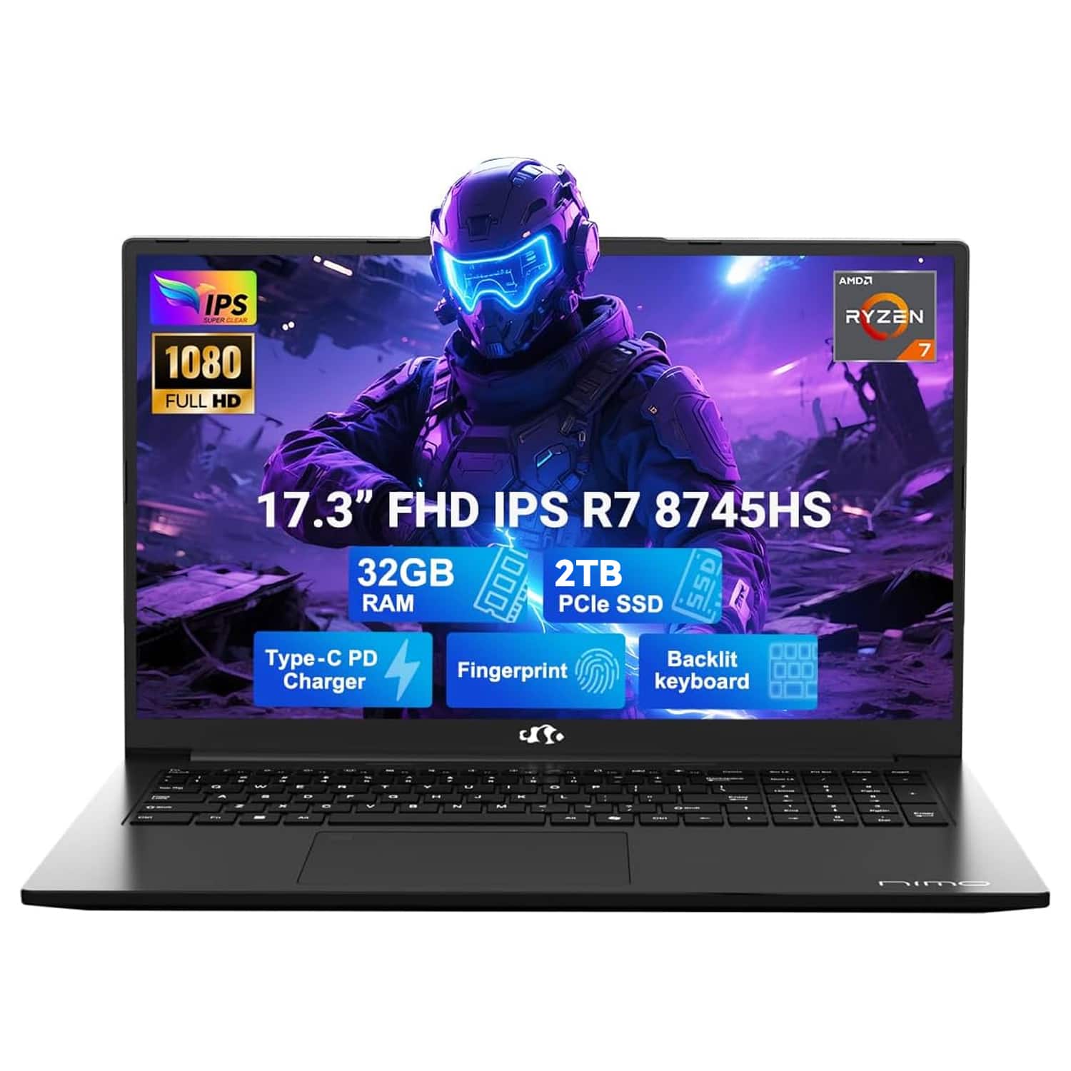 NIMO - 17.3" IPS FHD-Gaming-Laptop, AMD Ryzen 7 8745HS 32GB DDR5 RAM 2TB SSD 4.9GHz Radeon 780M Graphics 100W USB-C 4.0 - Black