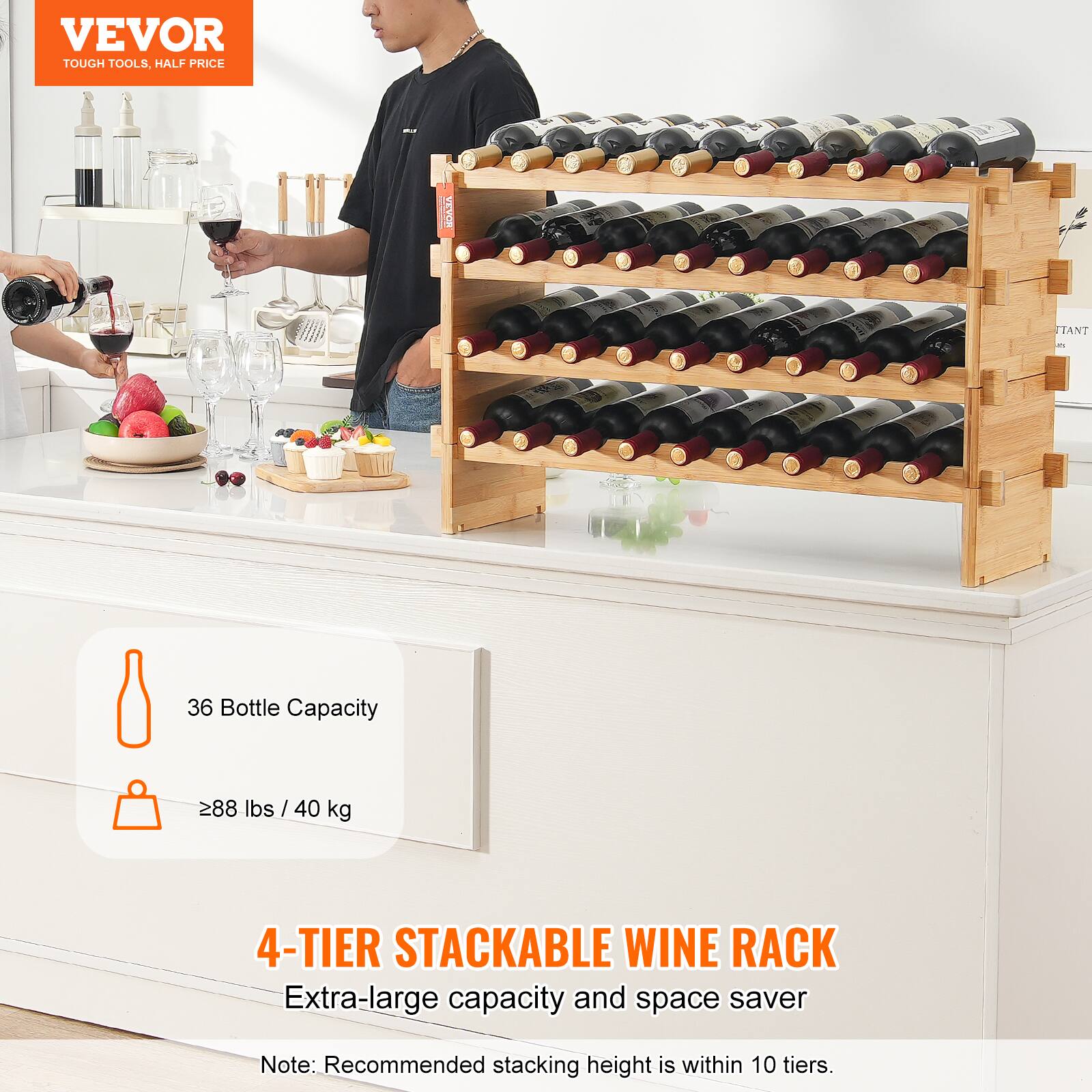 VEVOR  
TOUGH TOOLS, HALF PRICE  

36 Bottle Capacity  
≥88 lbs / 40 kg  

4-TIER STACKABLE WINE RACK  
Extra-large capacity and space saver  

Note: Recommended stacking height is within 10 tiers.