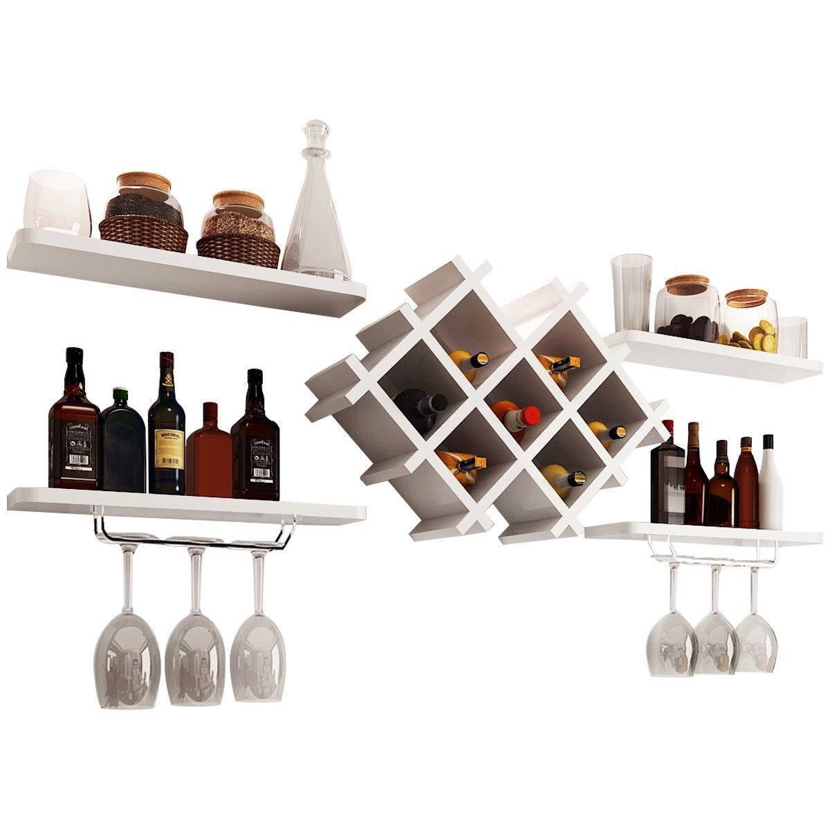 Front. Hivvago - White 5-Piece Wall Mounted Wine Rack Set with Storage Shelves - White.