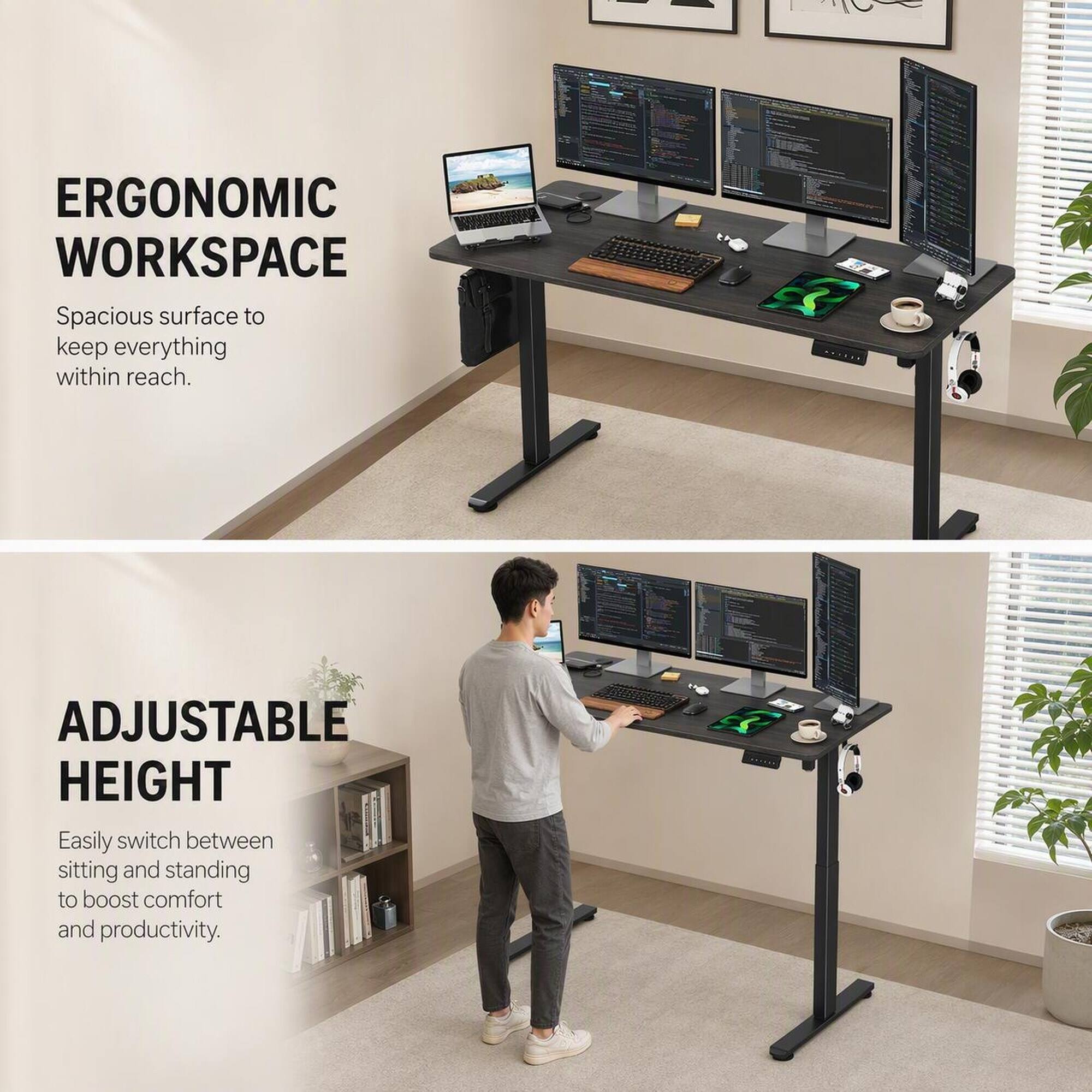 ERGONOMIC WORKSPACE  
Spacious surface to keep everything within reach.  

ADJUSTABLE HEIGHT  
Easily switch between sitting and standing to boost comfort and productivity.