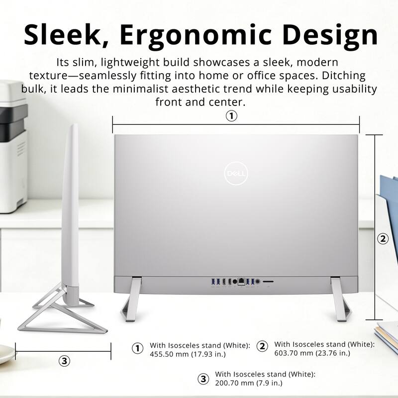 Sleek, Ergonomic Design  
Its slim, lightweight build showcases a sleek, modern texture—seamlessly fitting into home or office spaces. Ditching bulk, it leads the minimalist aesthetic trend while keeping usability front and center.  

1. With Isosceles stand (White): 455.50 mm (17.93 in.)  
2. With Isosceles stand (White): 603.70 mm (23.76 in.)  
3. With Isosceles stand (White): 200.70 mm (7.9 in.)
