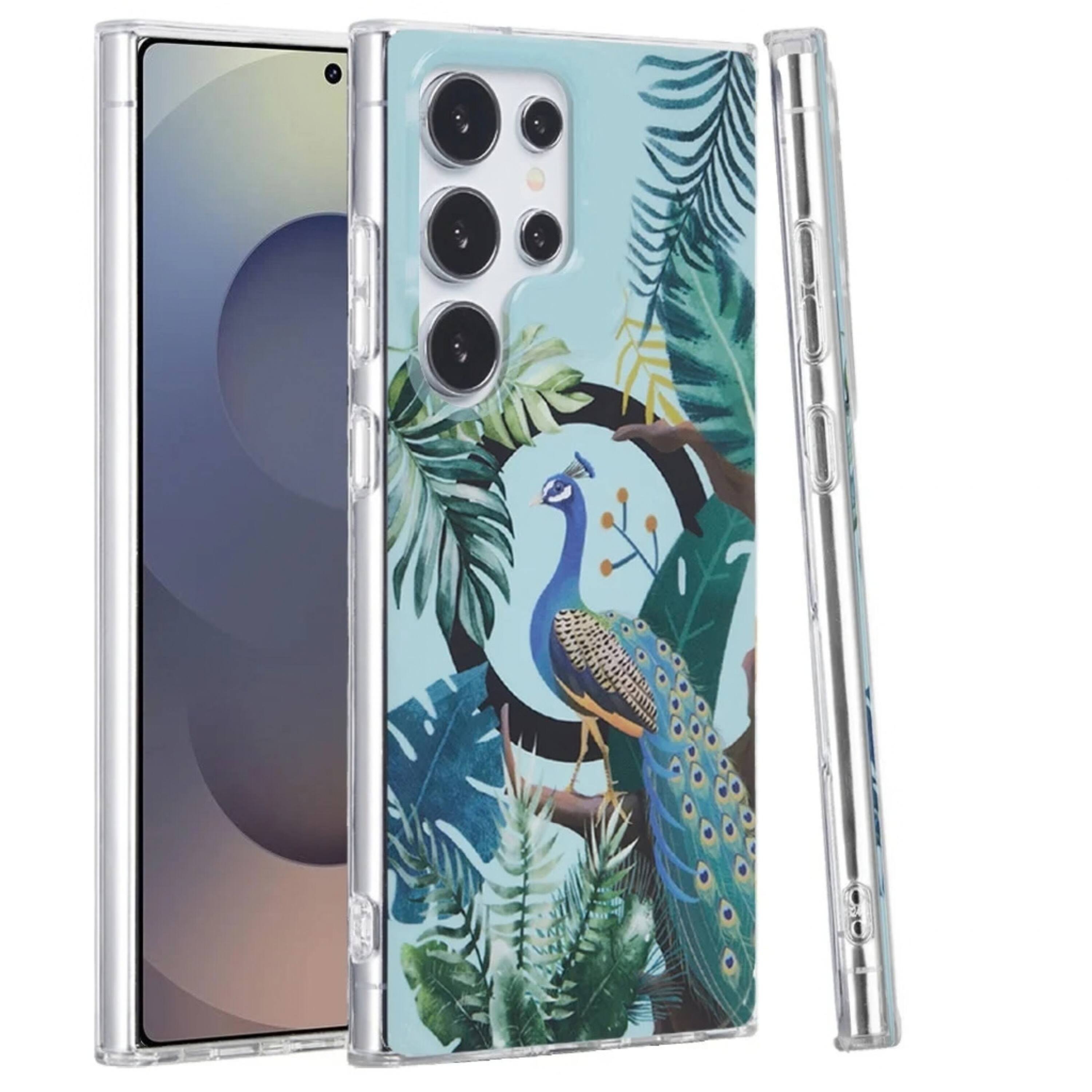 Angle. Kitcheniva - Dual Layer TPU Shockproof Phone Case With Tempered Glass For Samsung S25 Ultra Peacock - Peacock.