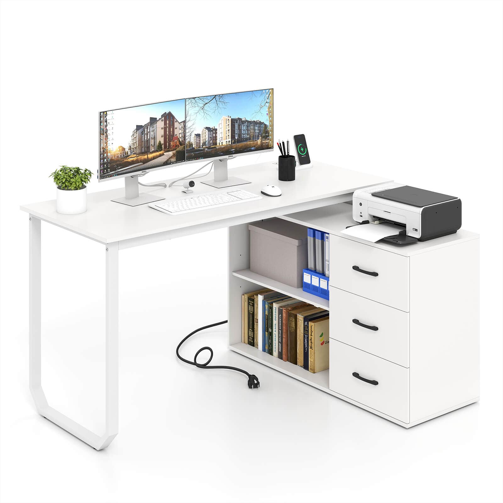 Costway - L-Shaped Desk with Power Outlet 55" Reversible Computer Desk with 3 Drawers - White