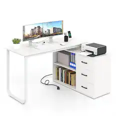 Front. Costway - Costway L-Shaped Desk with Power Outlet 55" Reversible Computer Desk with 3 Drawers - White.