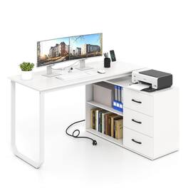 Costway - L-Shaped Desk with Power Outlet 55" Reversible Computer Desk with 3 Drawers - White