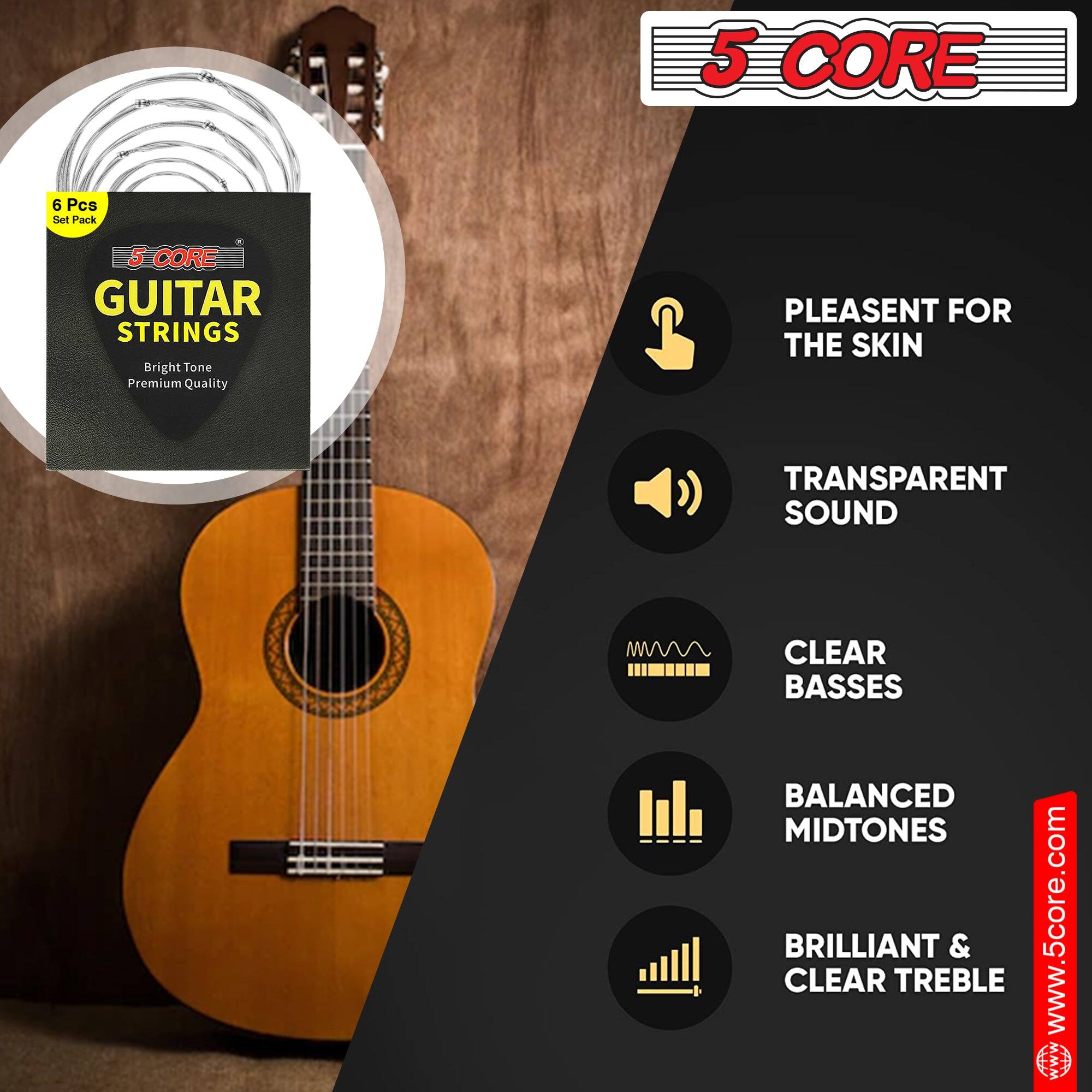 5 CORE  
GUITAR STRINGS  
Bright Tone  
Premium Quality  

6 Pcs Set Pack  

5 CORE  

PLEASANT FOR THE SKIN  
TRANSPARENT SOUND  
CLEAR BASSES  
BALANCED MIDTONES  
BRILLIANT & CLEAR TREBLE  

www.5core.com