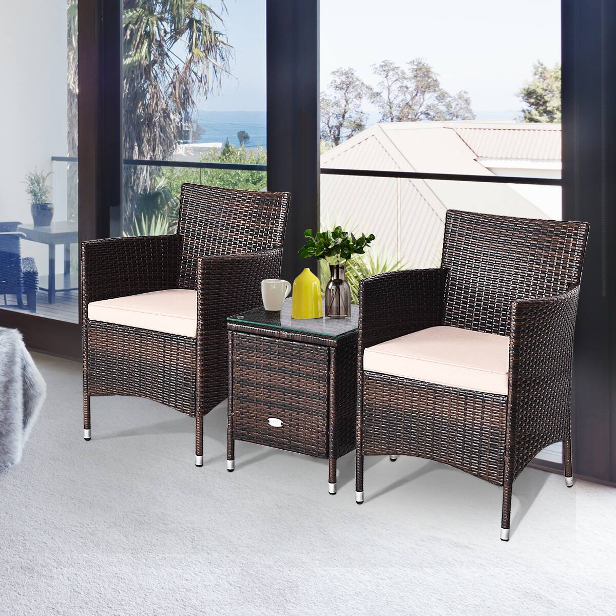Alt View 3. Gymax - Gymax 3PCS Patio Rattan Chair & Table Furniture Set Outdoor w/ Beige Cushion - Beige.