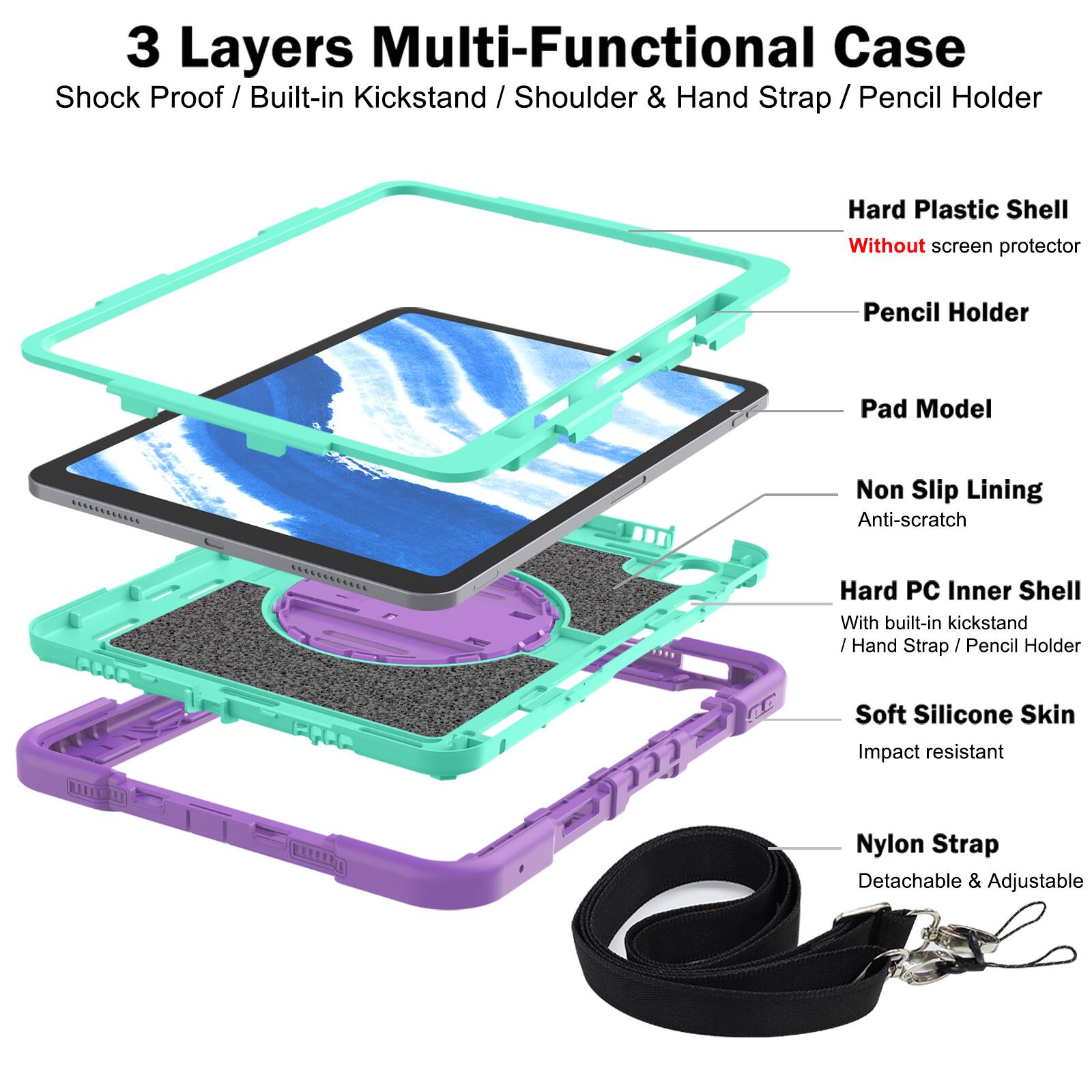 3 Layers Multi-Functional Case  
Shock Proof / Built-in Kickstand / Shoulder & Hand Strap / Pencil Holder  

Hard Plastic Shell  
Without screen protector  

Pencil Holder  

Pad Model  

Non Slip Lining  
Anti-scratch  

Hard PC Inner Shell  
With built-in kickstand / Hand Strap / Pencil Holder  

Soft Silicone Skin  
Impact resistant  

Nylon Strap  
Detachable & Adjustable