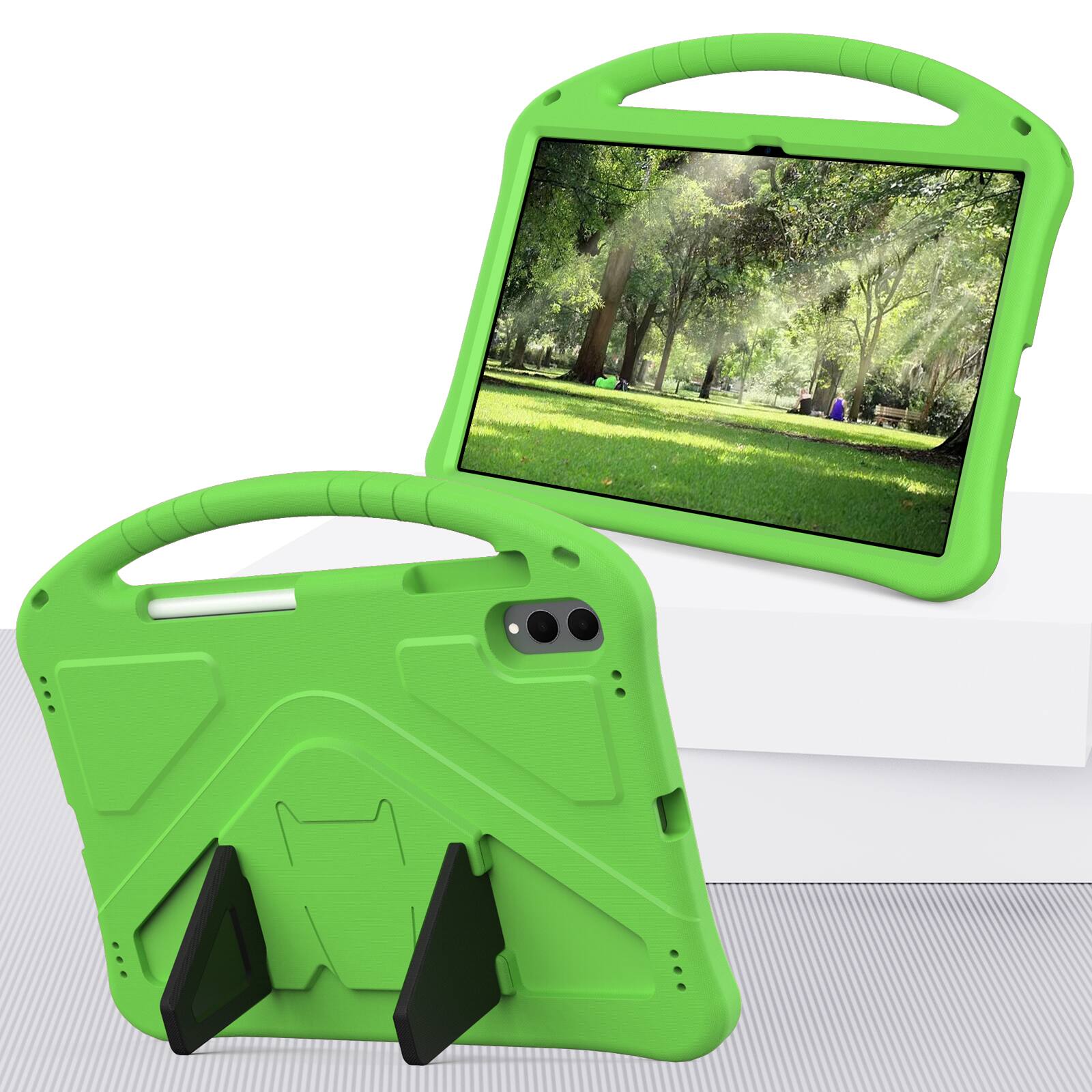 Angle. UUCOVER - Kids Case for Samsung Galaxy Tab S11 Ultra 14.6-inch 2025 SM-X930 SM-X936B,Shockproof EVA Case Handle Kickstand Cover - Green.