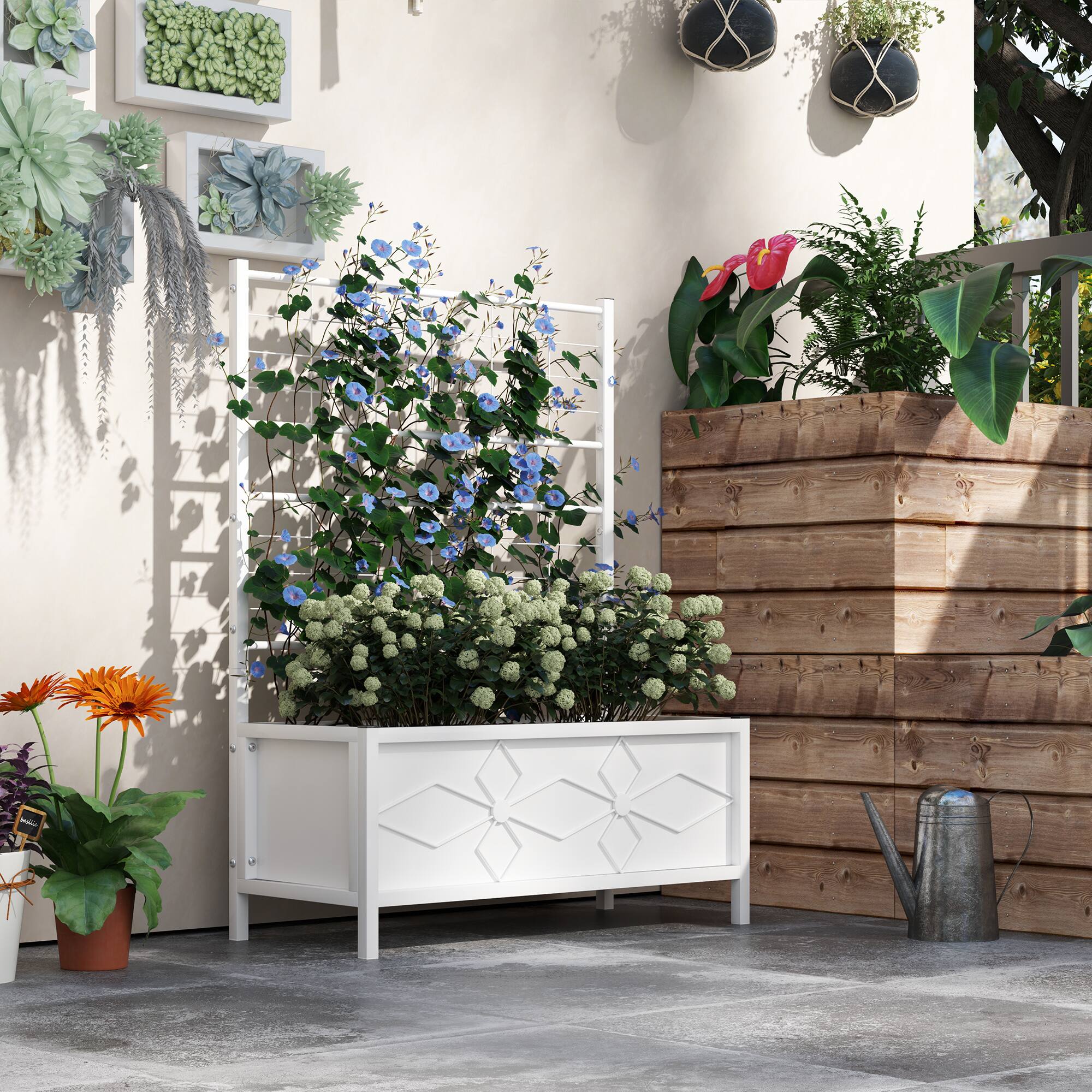 Alt View 1. Outsunny - Planter Box with Trellis, 35.4 x 15.7 x 47.2 inch Raised Garden Bed with Drainage Holes, Planters for Outdoor Plants - White.
