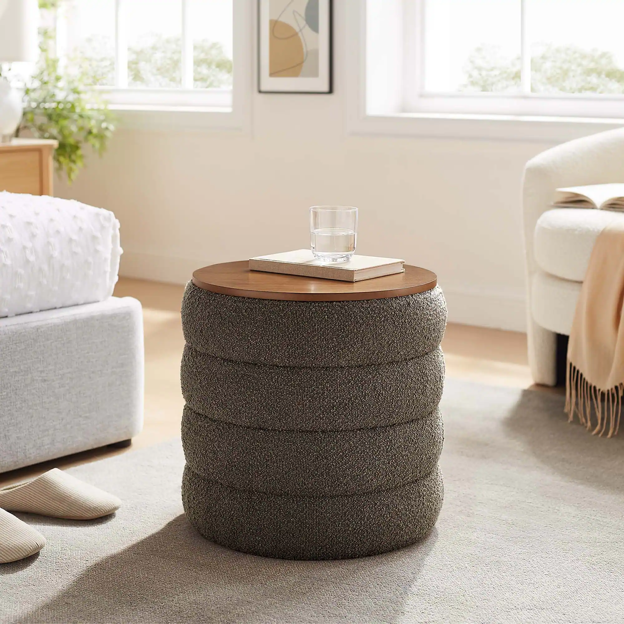 Front. Modway - Mezzo Round Boucle Fabric Storage Ottoman by Modway - Pebble.