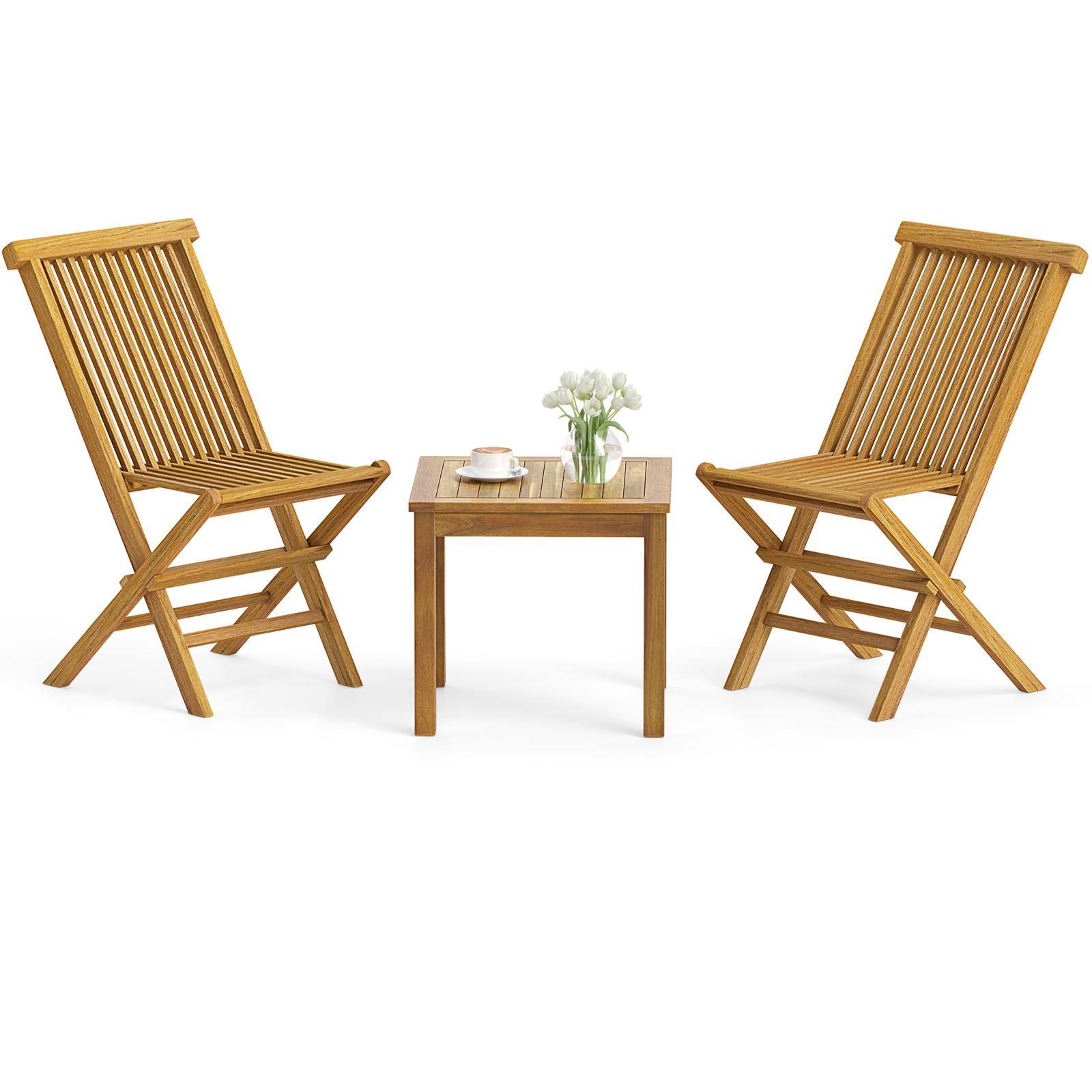 Alt View 3. Gymax - Gymax 3 Piece Teak Wood Bistro Set w/ 2 Folding Chairs & Square Side Table Natural - Yellow.