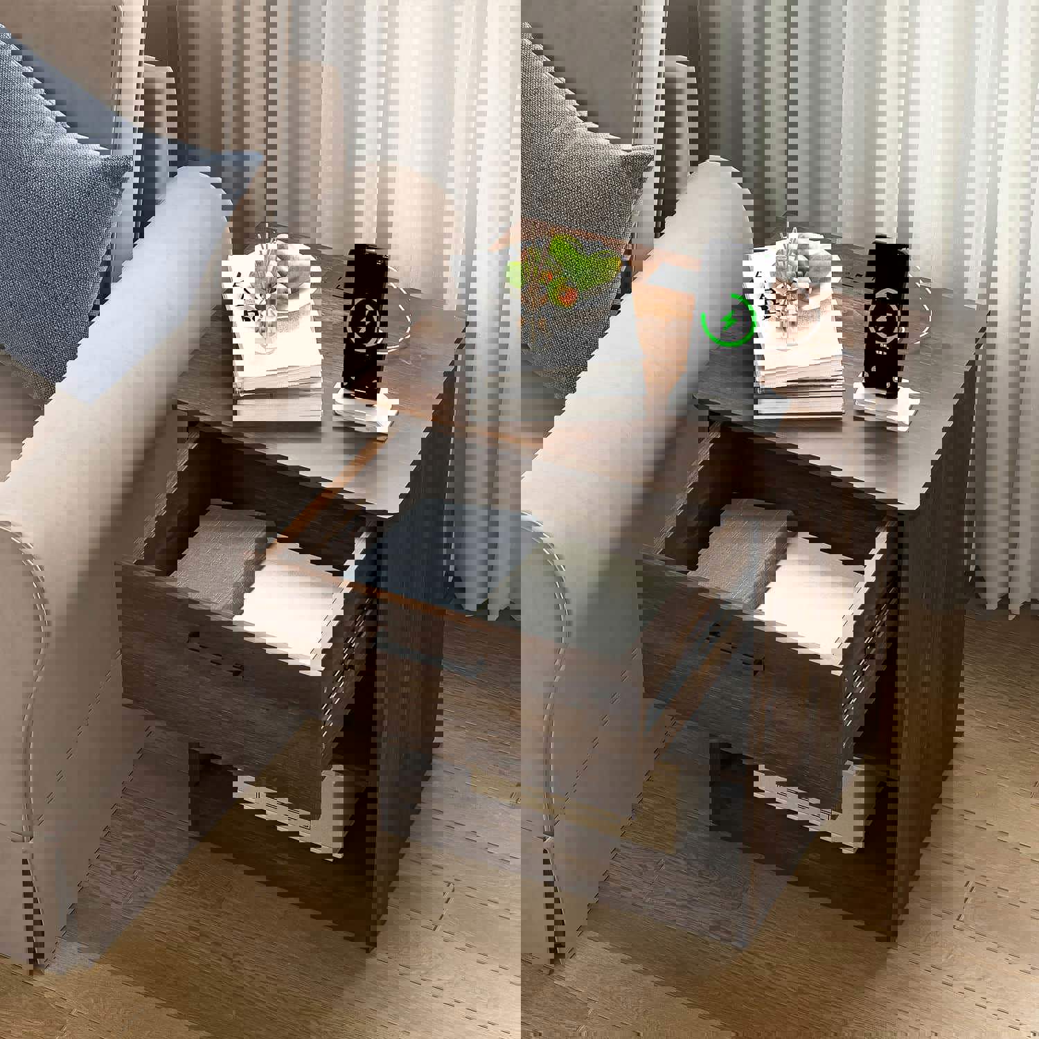 Left. Kadyn - Kadyn Wood Nightstand With Charging Station, Bedside Table With Wood Drawers And Open Shelf, Bedroom - Brown.