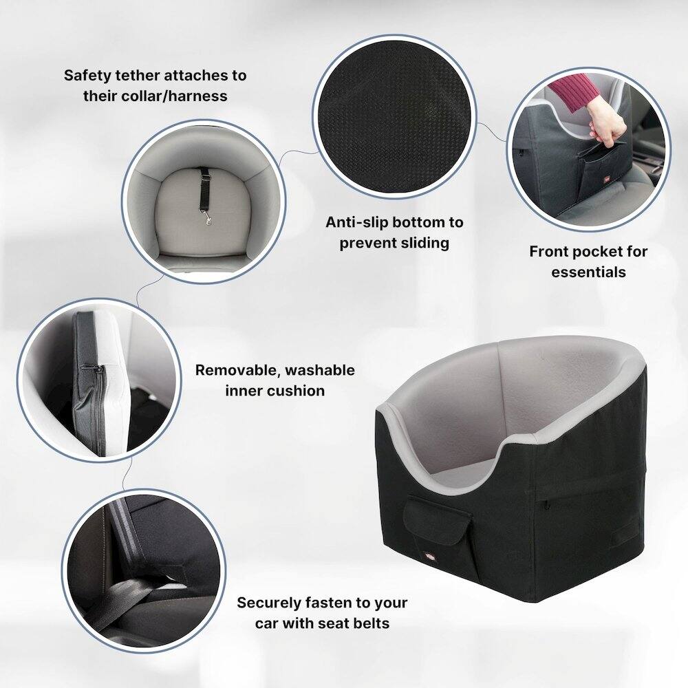 Safety tether attaches to their collar/harness  
Anti-slip bottom to prevent sliding  
Front pocket for essentials  
Removable, washable inner cushion  
Securely fasten to your car with seat belts