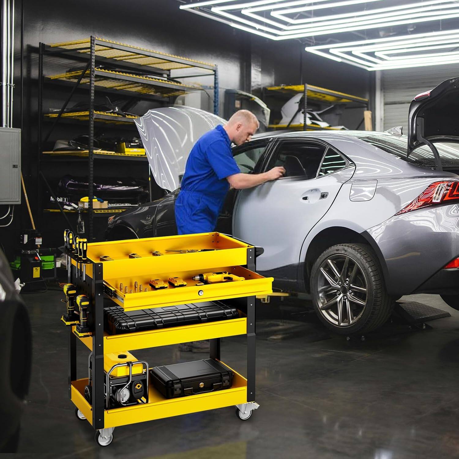 Left. Silvel - 29 in. 400 lbs. Tool Storage Tool Cart With 1-Drawer on Wheels Yellow - black and yellow.
